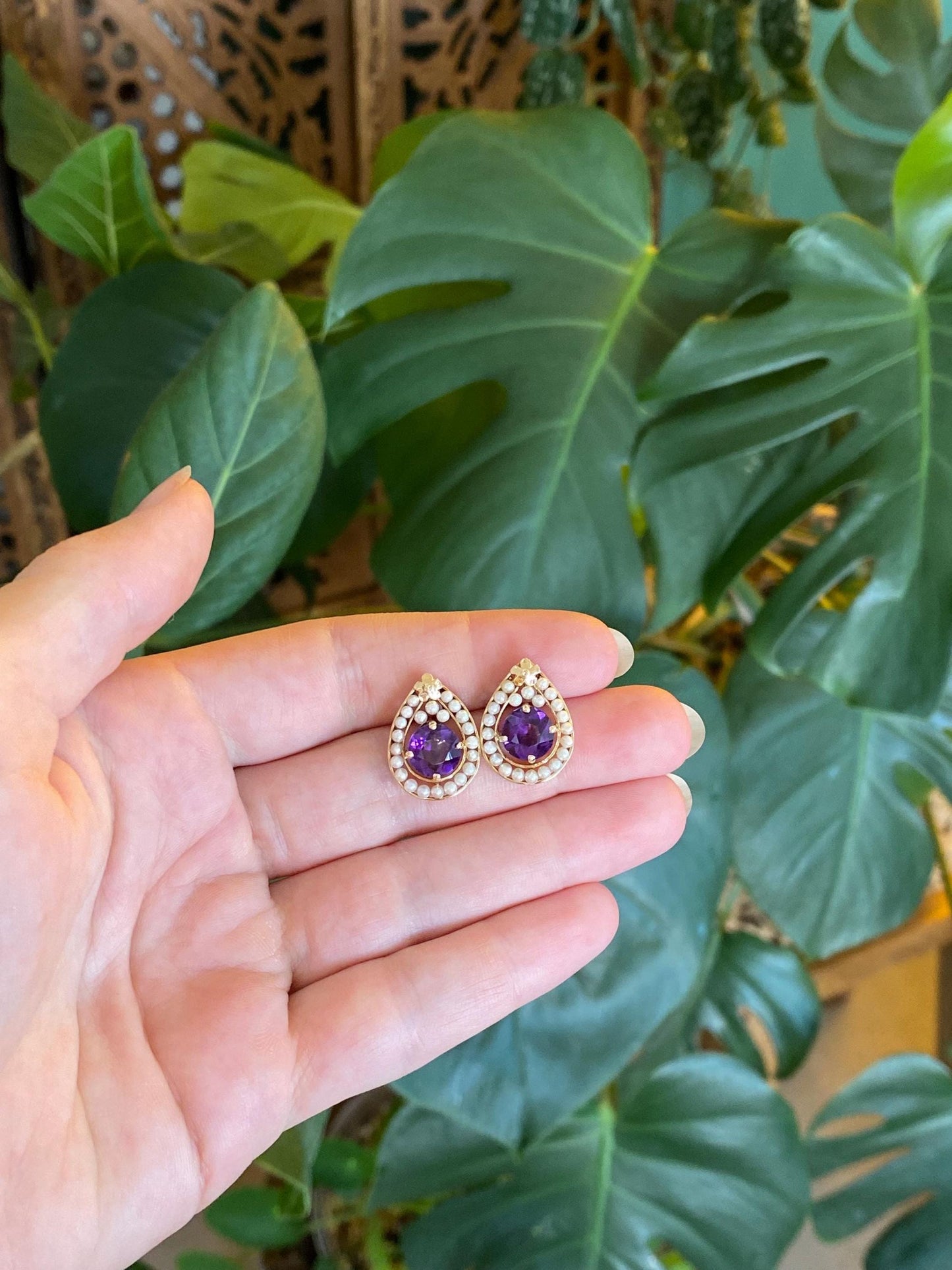 Vintage Solid 14k Yellow Gold Pearl Halo Amethyst Drop Earrings