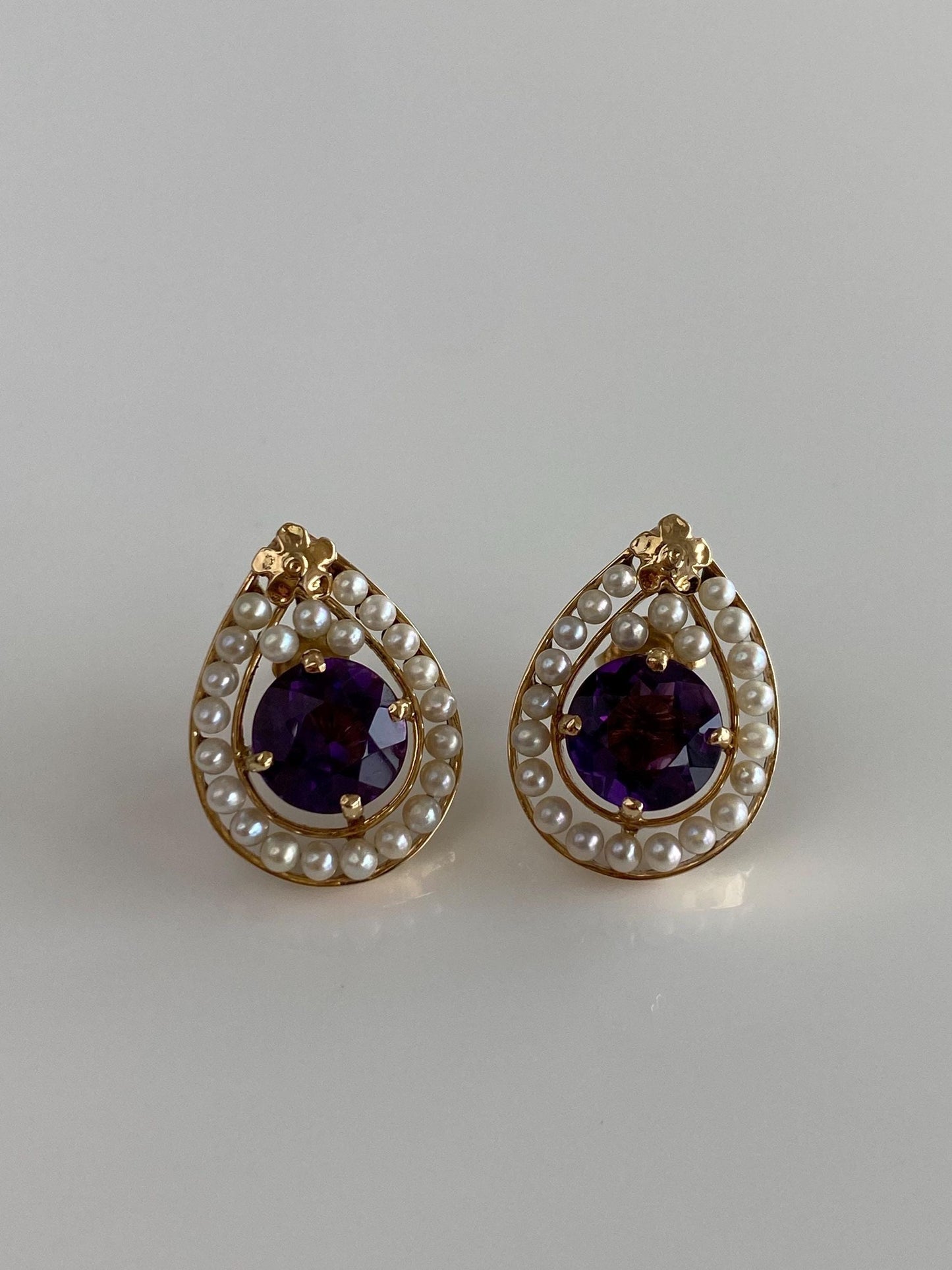 Vintage Solid 14k Yellow Gold Pearl Halo Amethyst Drop Earrings