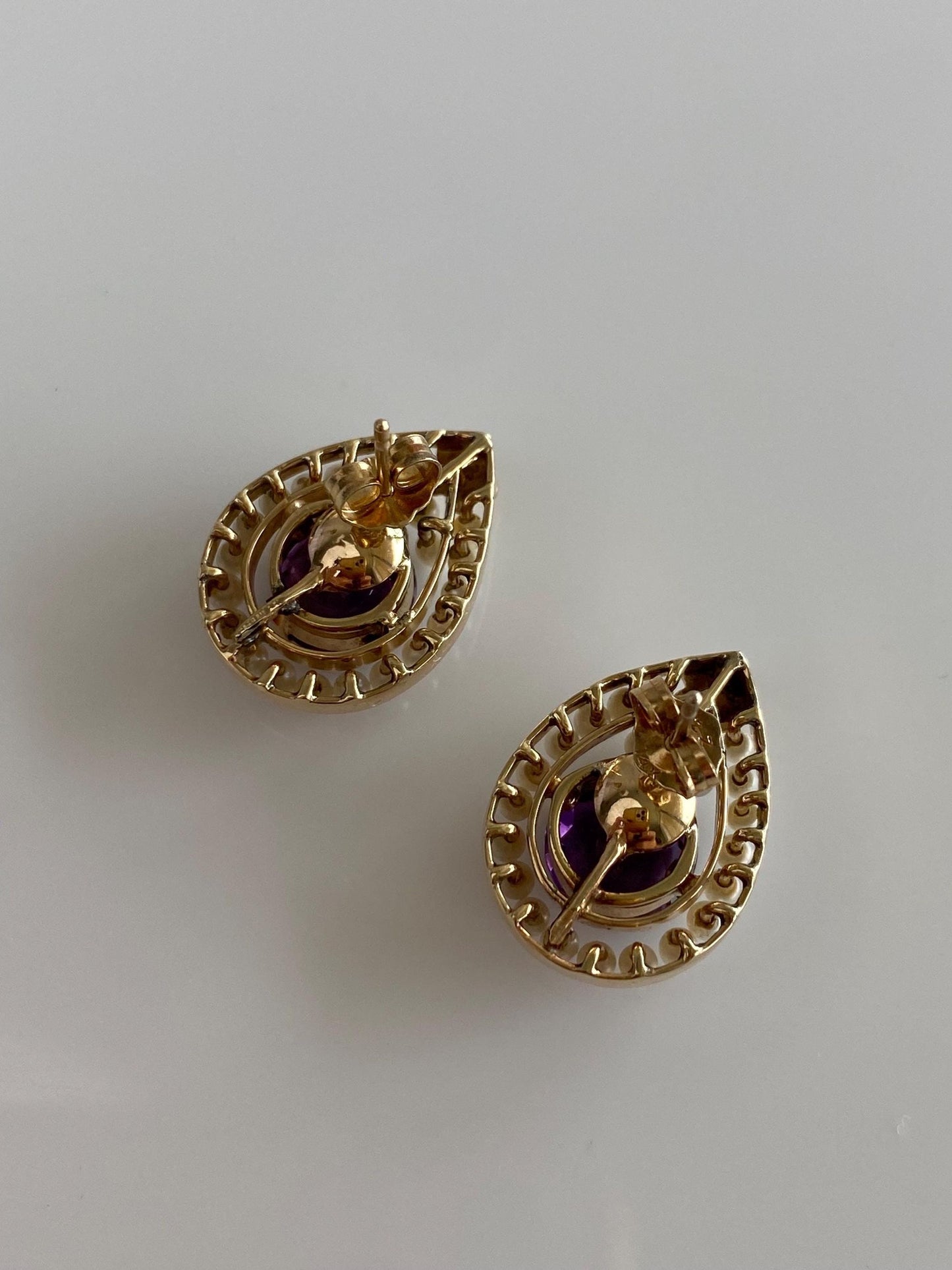 Vintage Solid 14k Yellow Gold Pearl Halo Amethyst Drop Earrings