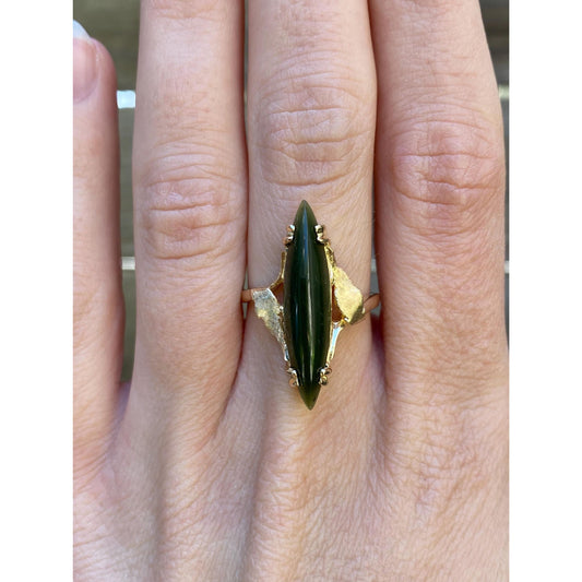 Vintage Solid 14k Yellow Gold Nephrite Marquis Ring - Size 7