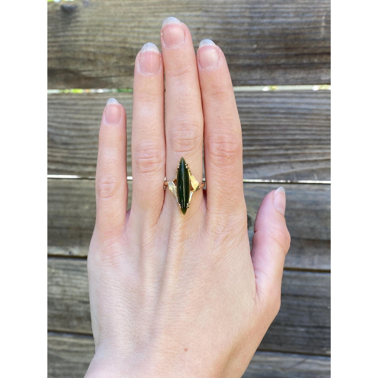 Vintage Solid 14k Yellow Gold Nephrite Marquis Ring - Size 7