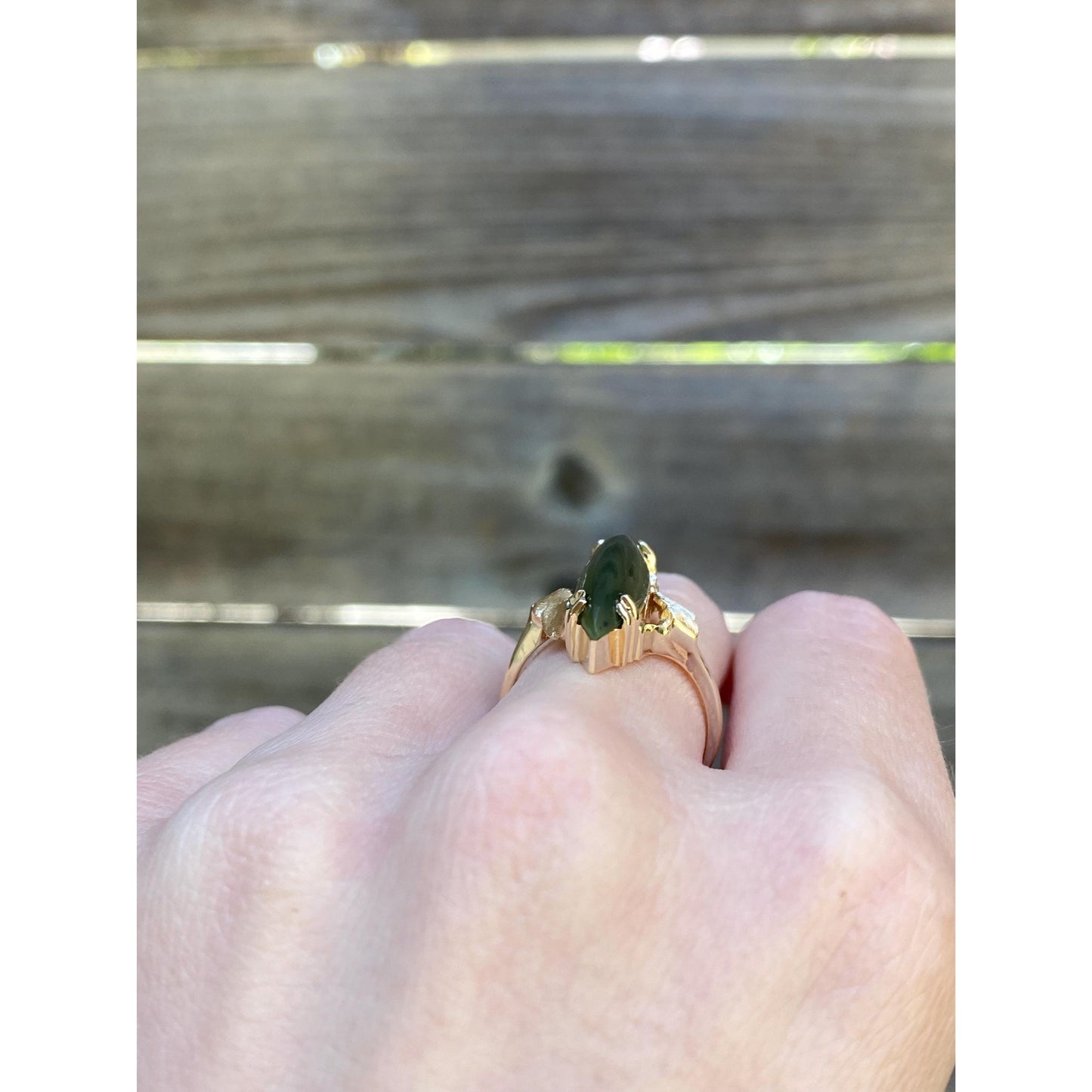 Vintage Solid 14k Yellow Gold Nephrite Marquis Ring - Size 7
