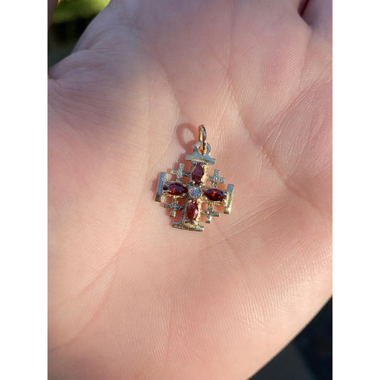 Vintage Solid 14k Yellow Gold Clear & Red Cubic Zirconia Cross Charm