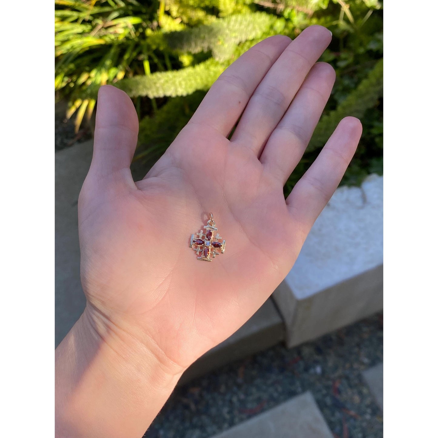 Vintage Solid 14k Yellow Gold Clear & Red Cubic Zirconia Cross Charm