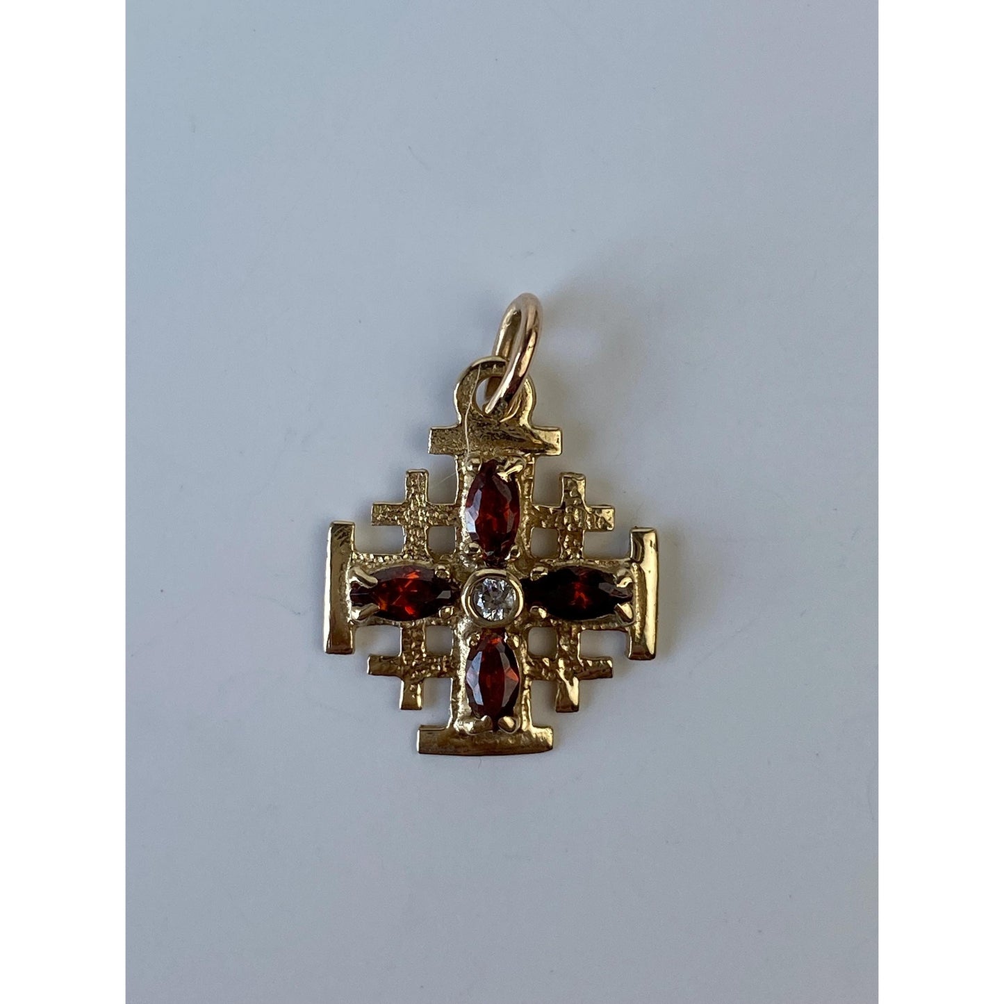 Vintage Solid 14k Yellow Gold Clear & Red Cubic Zirconia Cross Charm