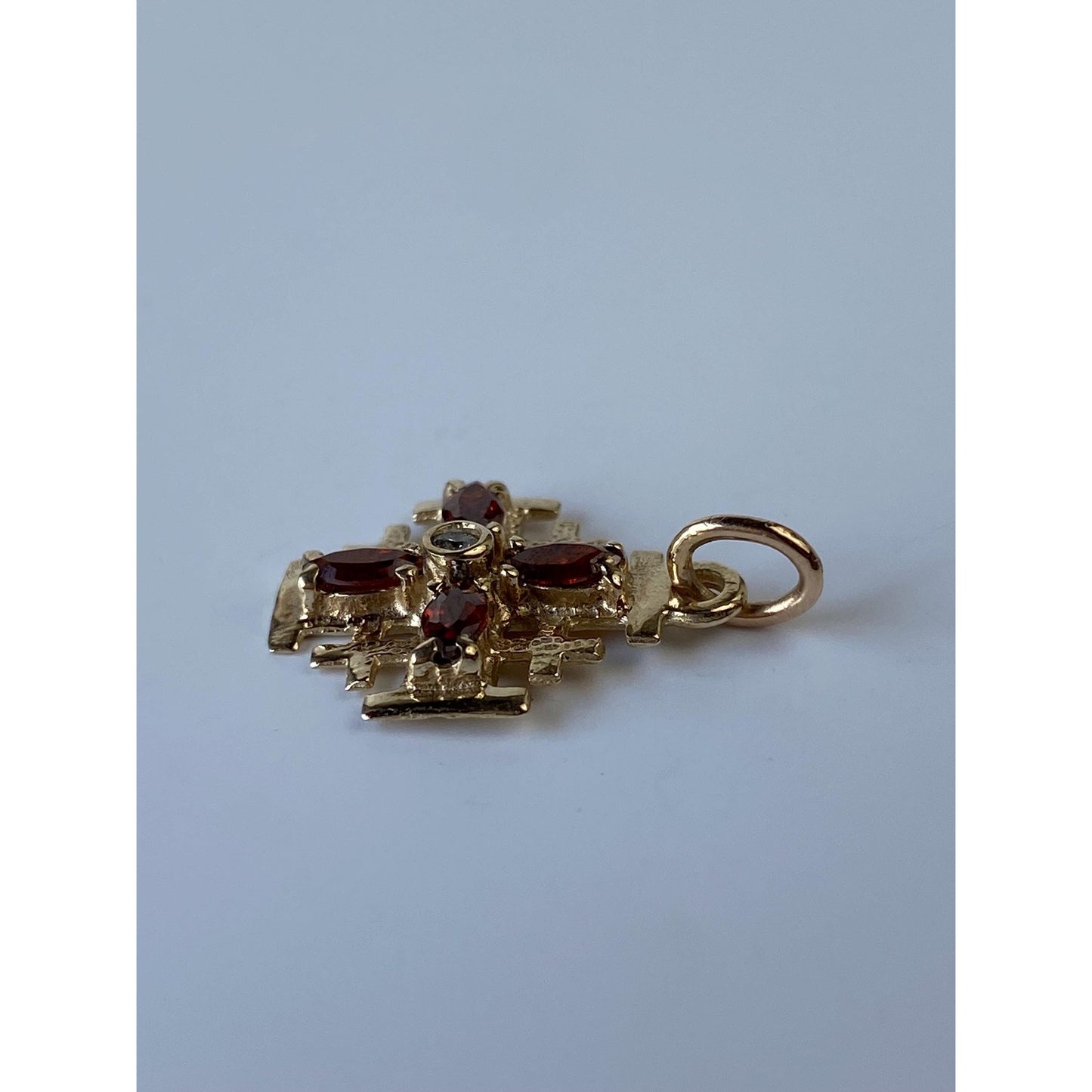 Vintage Solid 14k Yellow Gold Clear & Red Cubic Zirconia Cross Charm