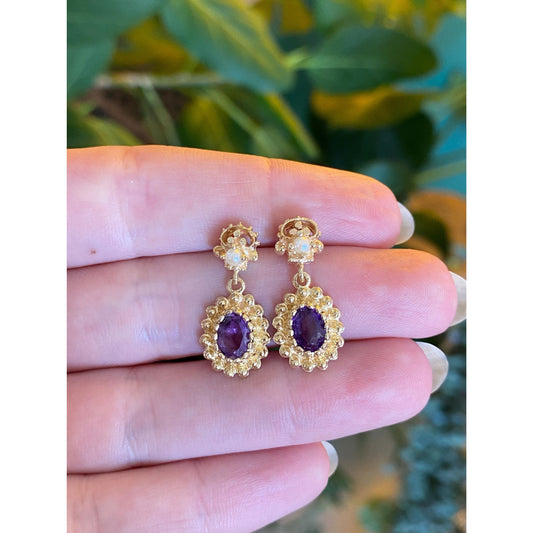 Vintage Solid 14k Yellow Gold Amethyst Pearl Dangle Stud Earrings