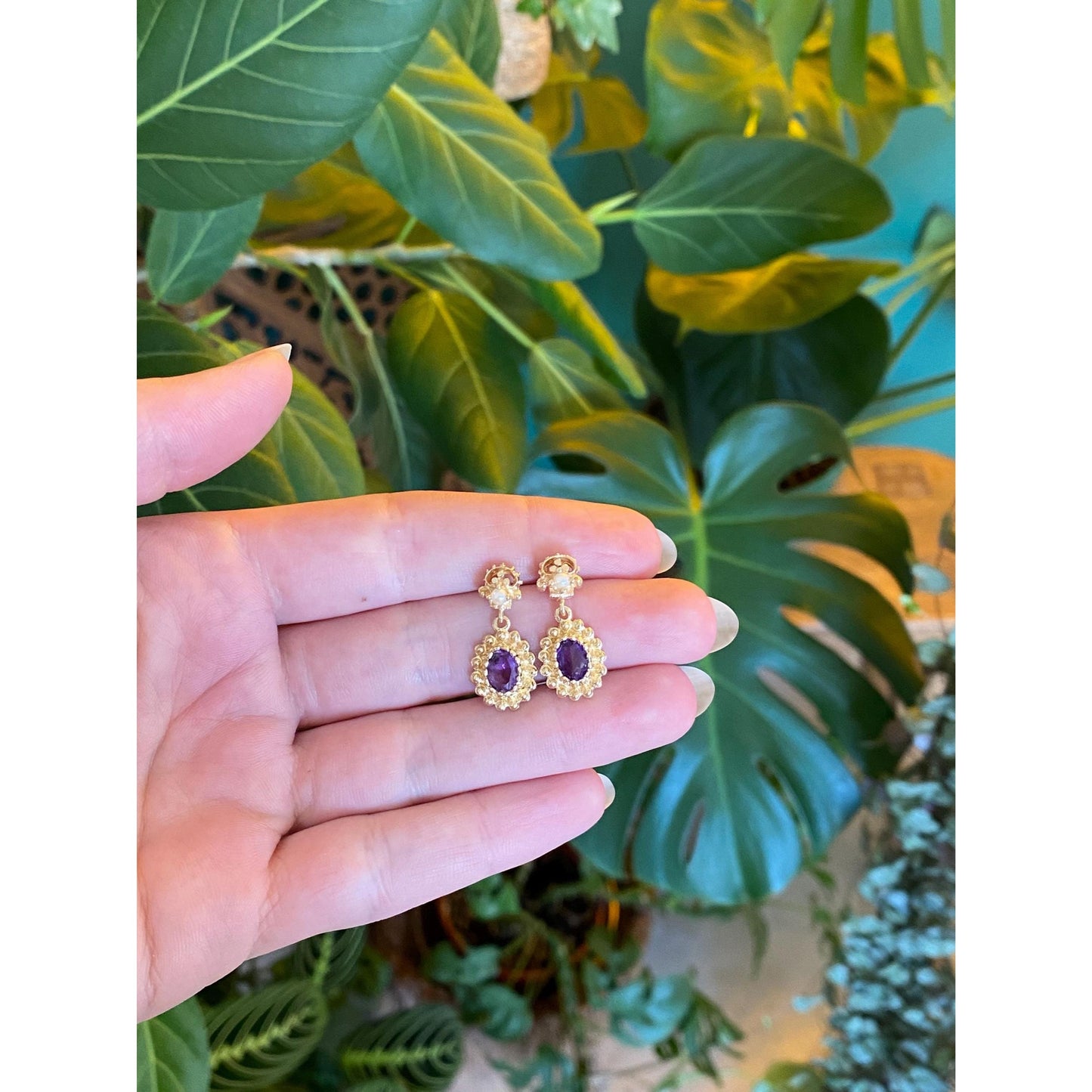 Vintage Solid 14k Yellow Gold Amethyst Pearl Dangle Stud Earrings