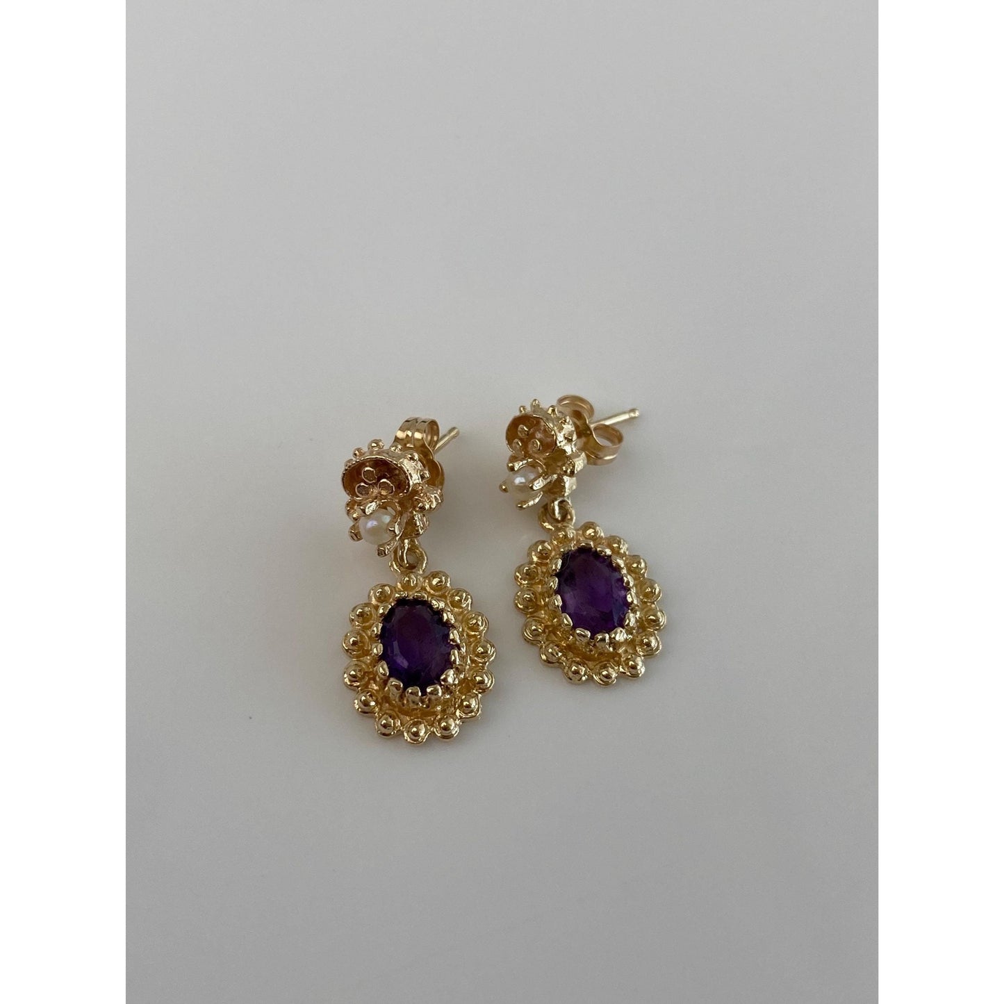 Vintage Solid 14k Yellow Gold Amethyst Pearl Dangle Stud Earrings