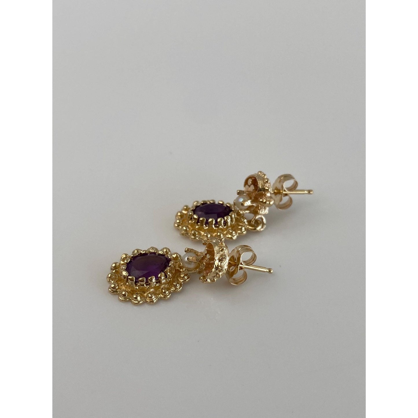 Vintage Solid 14k Yellow Gold Amethyst Pearl Dangle Stud Earrings