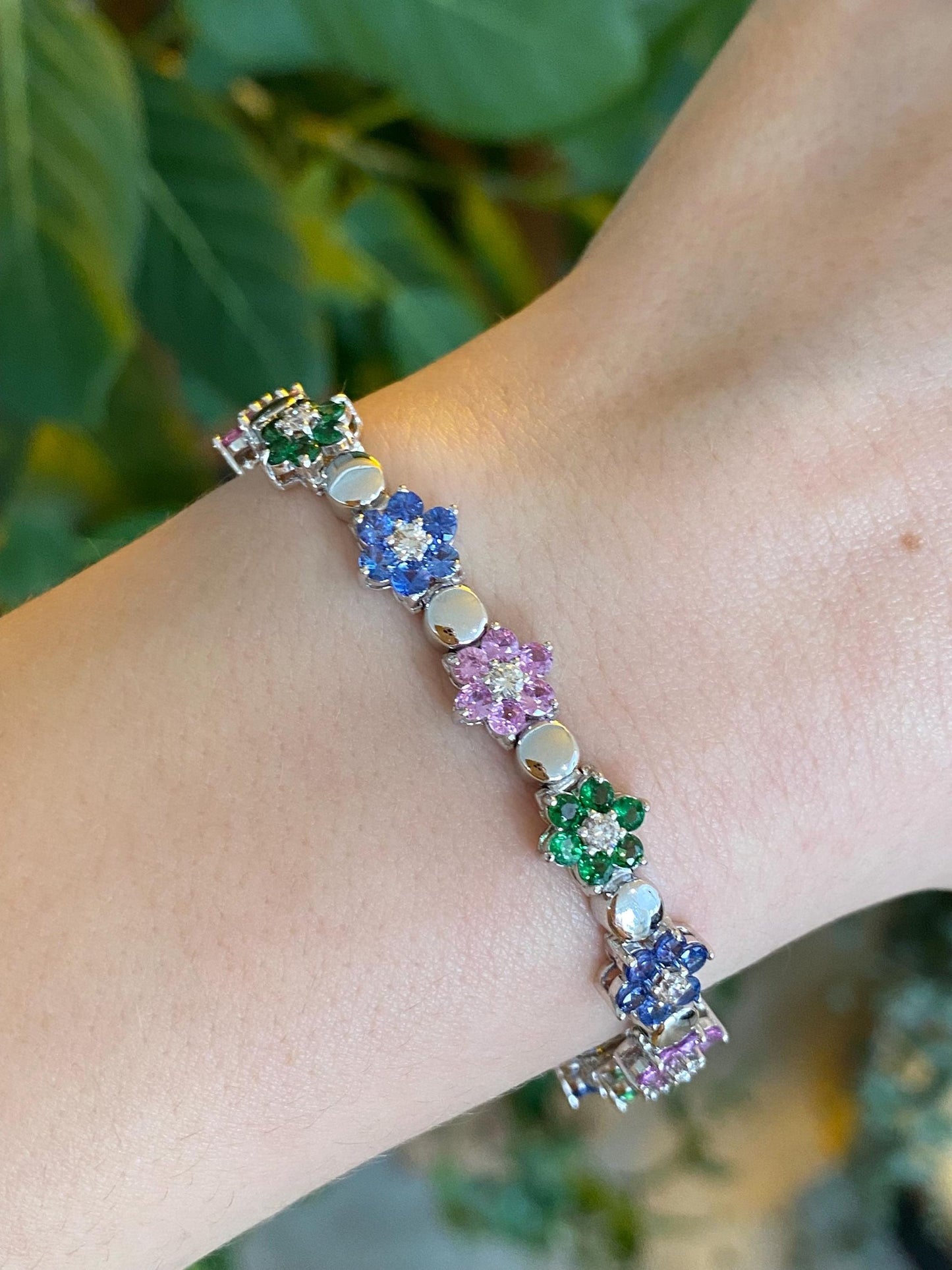 Vintage Solid 14k White Gold Diamond Pink Sapphire Topaz Emerald Flowers Link Bracelet - 7 inches