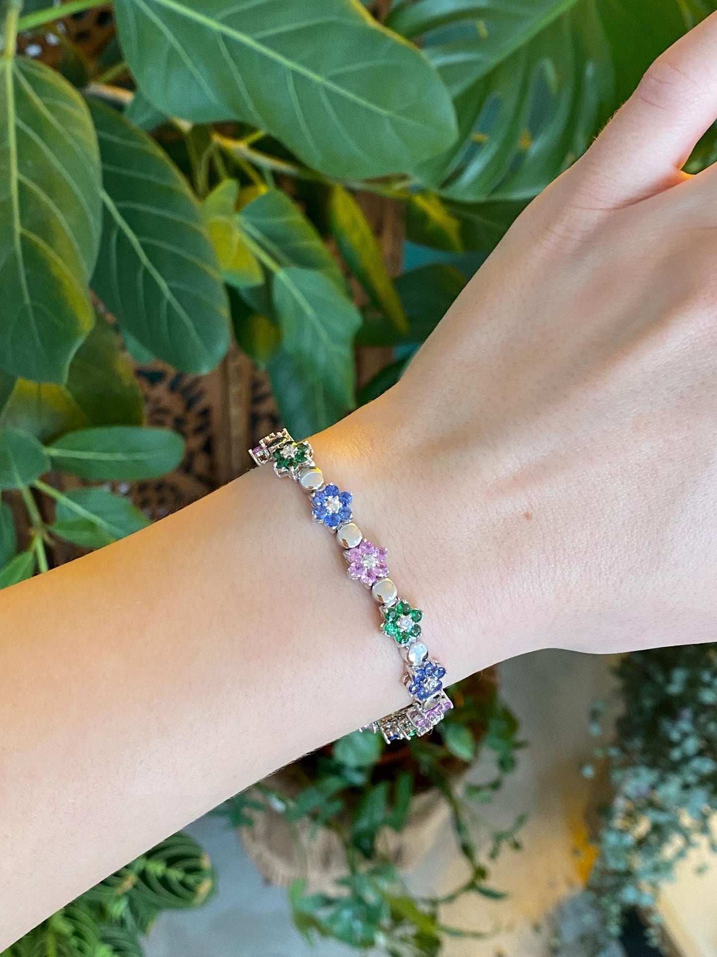 Vintage Solid 14k White Gold Diamond Pink Sapphire Topaz Emerald Flowers Link Bracelet - 7 inches