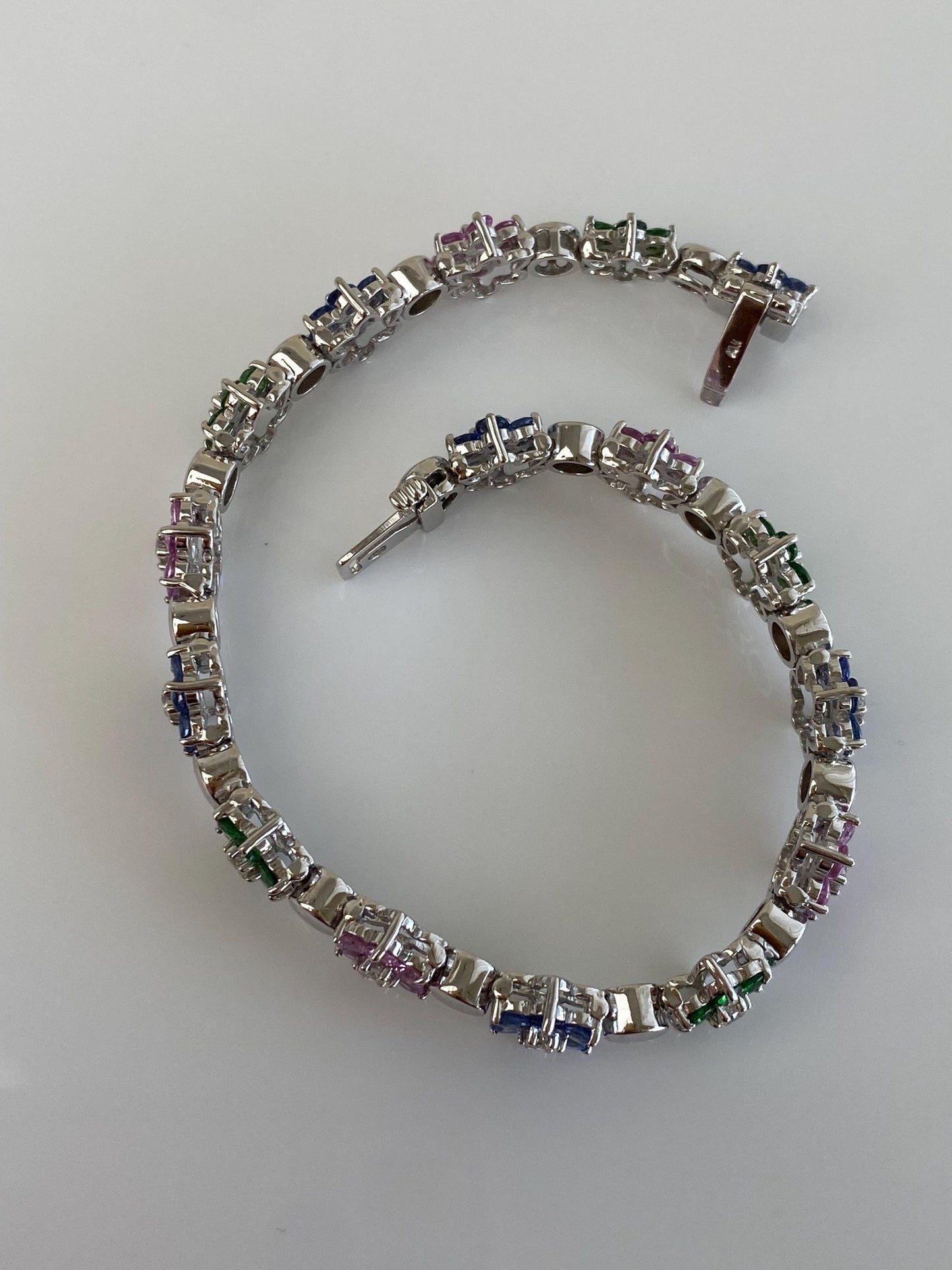 Vintage Solid 14k White Gold Diamond Pink Sapphire Topaz Emerald Flowers Link Bracelet - 7 inches