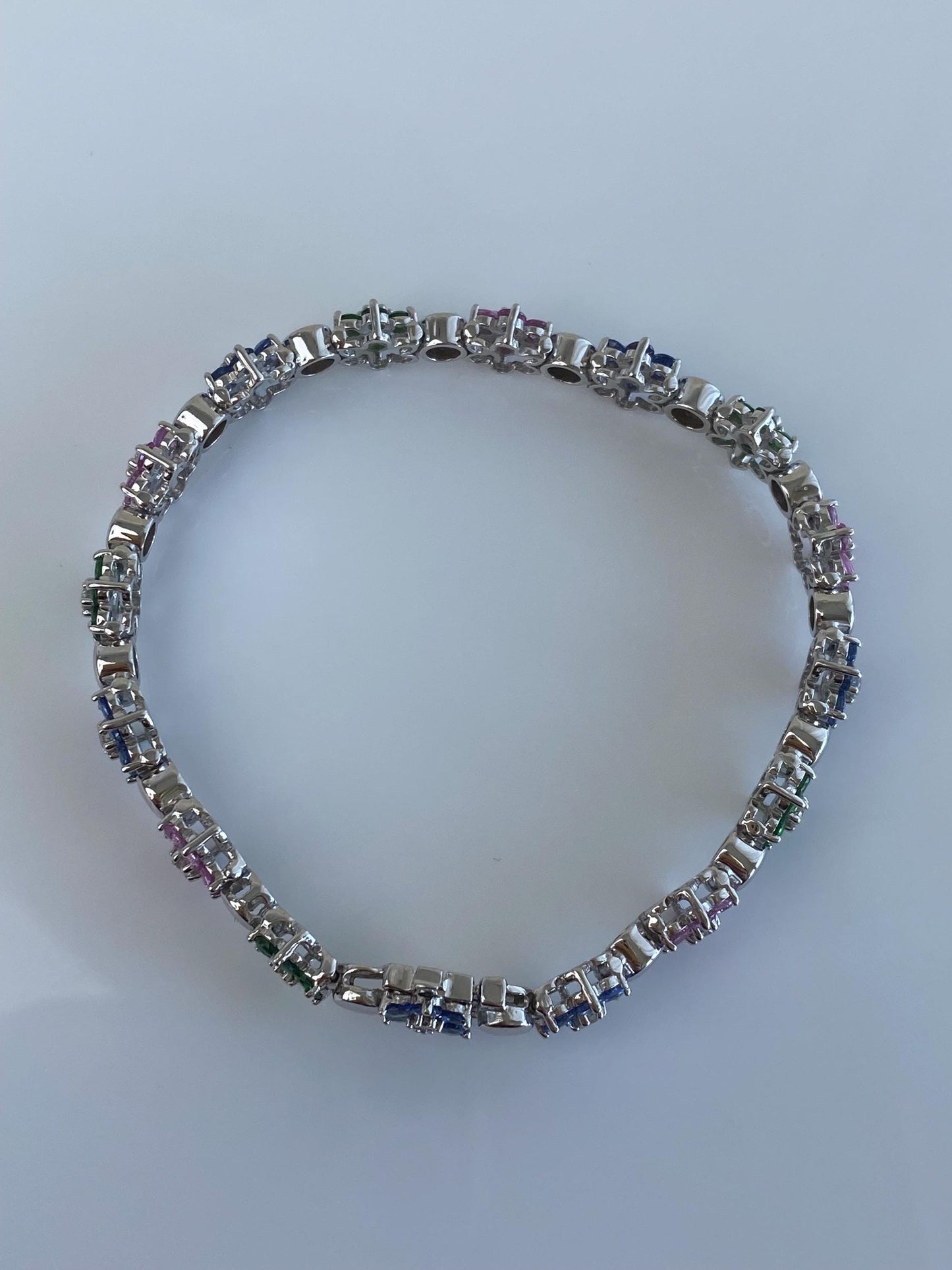 Vintage Solid 14k White Gold Diamond Pink Sapphire Topaz Emerald Flowers Link Bracelet - 7 inches