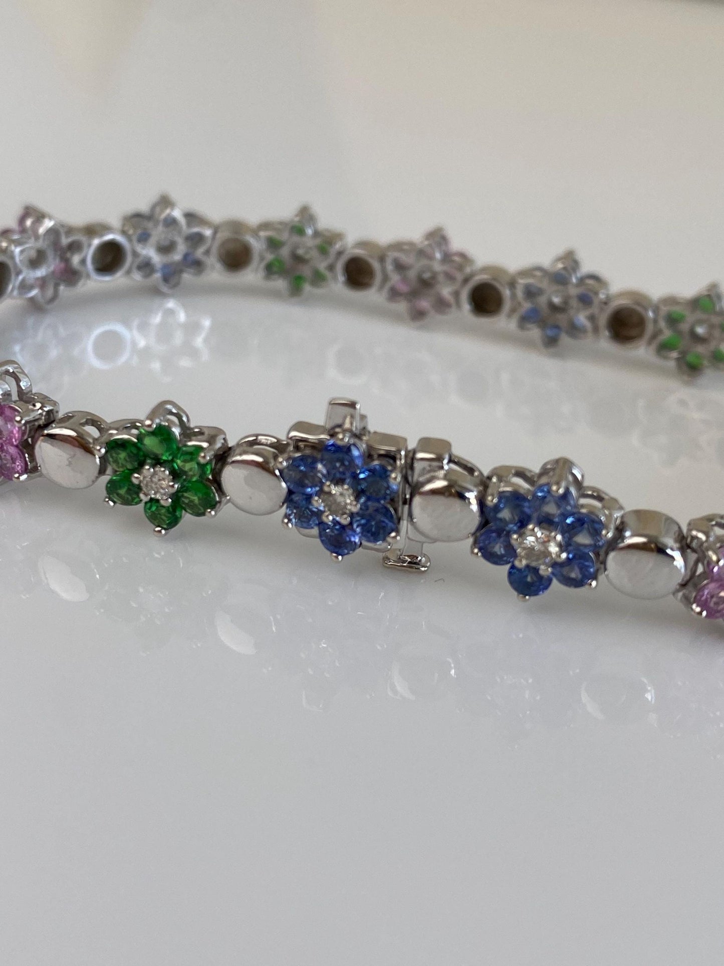 Vintage Solid 14k White Gold Diamond Pink Sapphire Topaz Emerald Flowers Link Bracelet - 7 inches