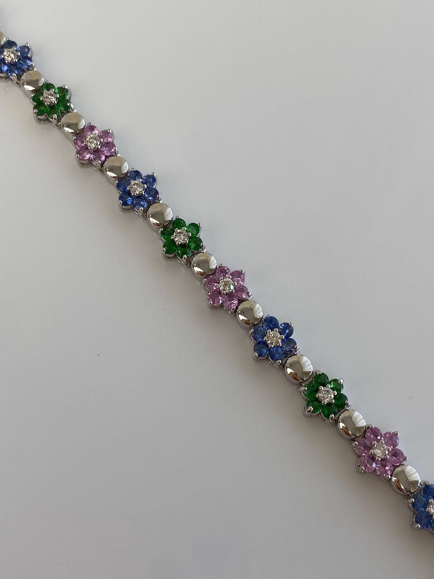 Vintage Solid 14k White Gold Diamond Pink Sapphire Topaz Emerald Flowers Link Bracelet - 7 inches