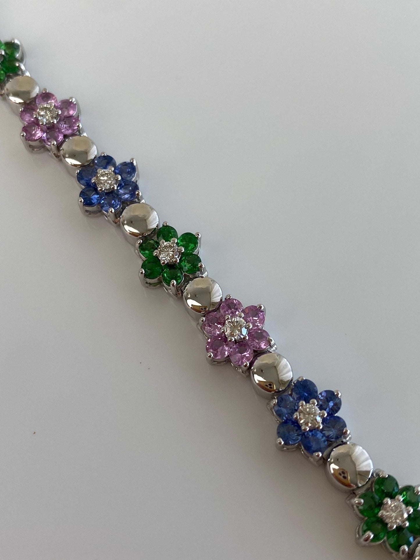 Vintage Solid 14k White Gold Diamond Pink Sapphire Topaz Emerald Flowers Link Bracelet - 7 inches
