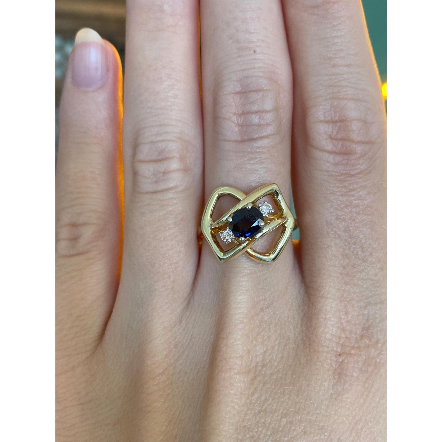 Solid 14k Yellow Gold Clear & Blue Sapphire Ring - Size 7.5