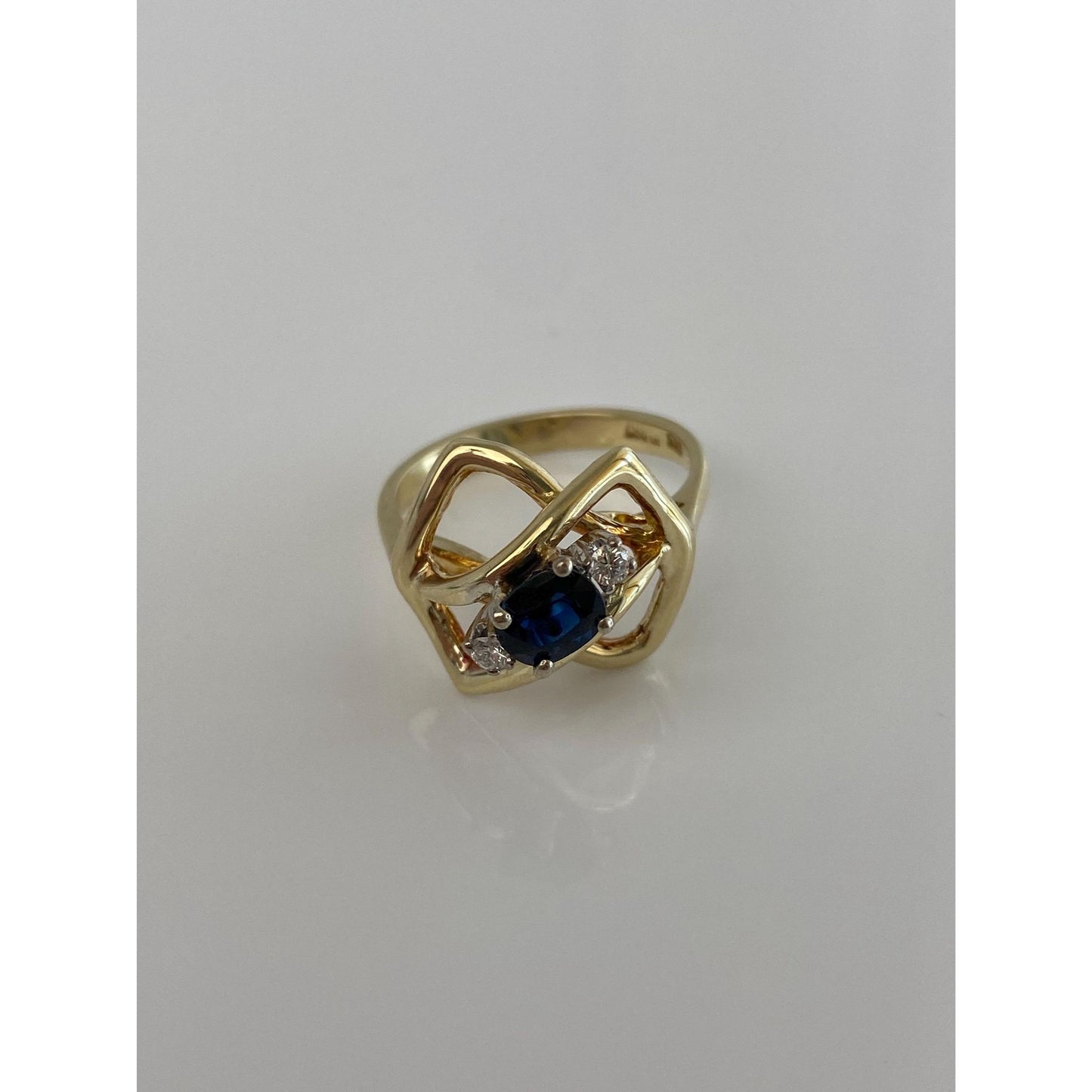 Solid 14k Yellow Gold Clear & Blue Sapphire Ring - Size 7.5