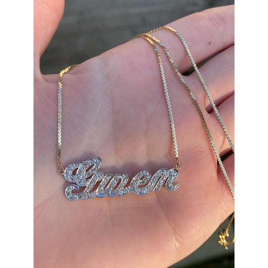 Solid 14k White & Yellow Gold Diamond 'Gwen' Nameplate Serpentine Necklace - 16 inches