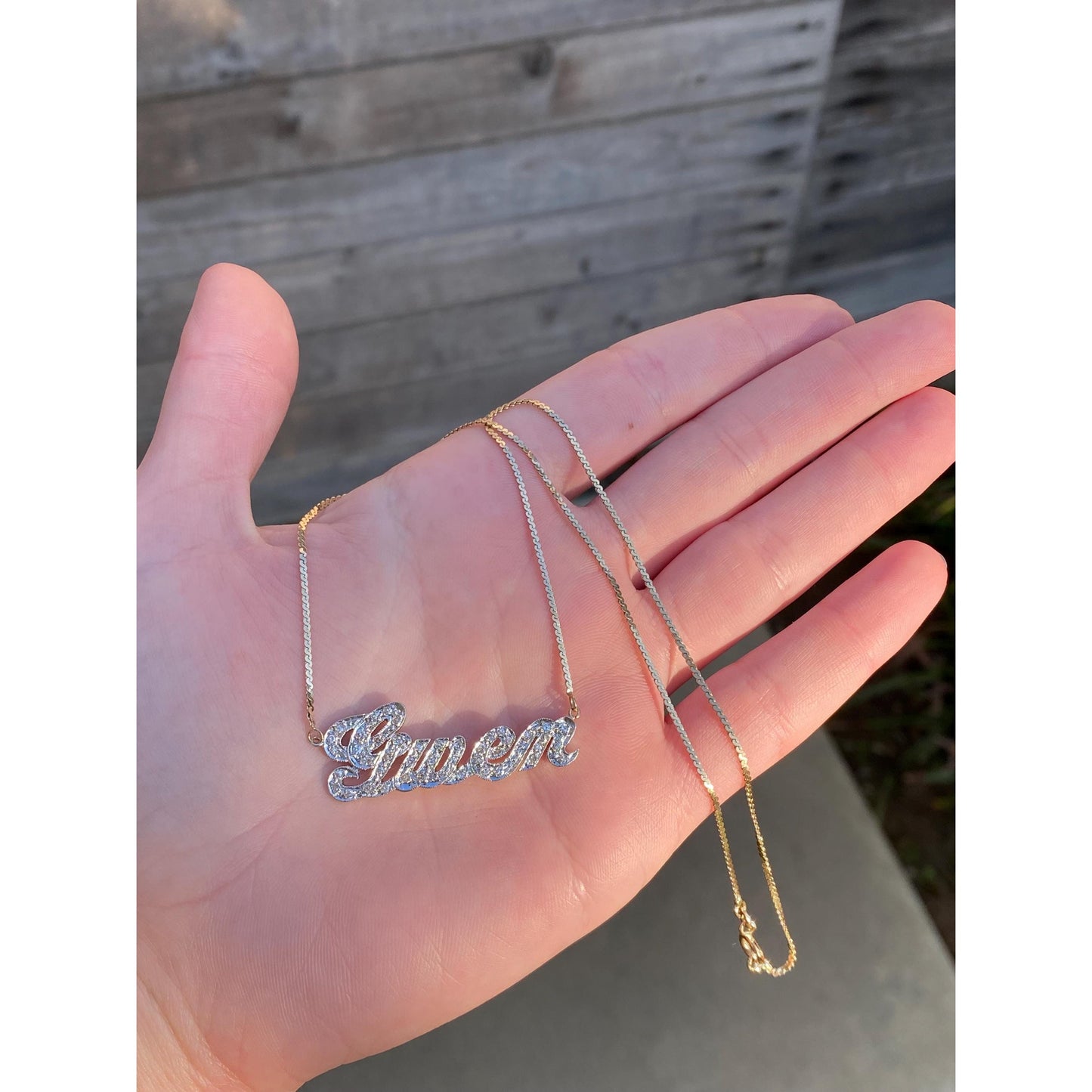 Solid 14k White & Yellow Gold Diamond 'Gwen' Nameplate Serpentine Necklace - 16 inches