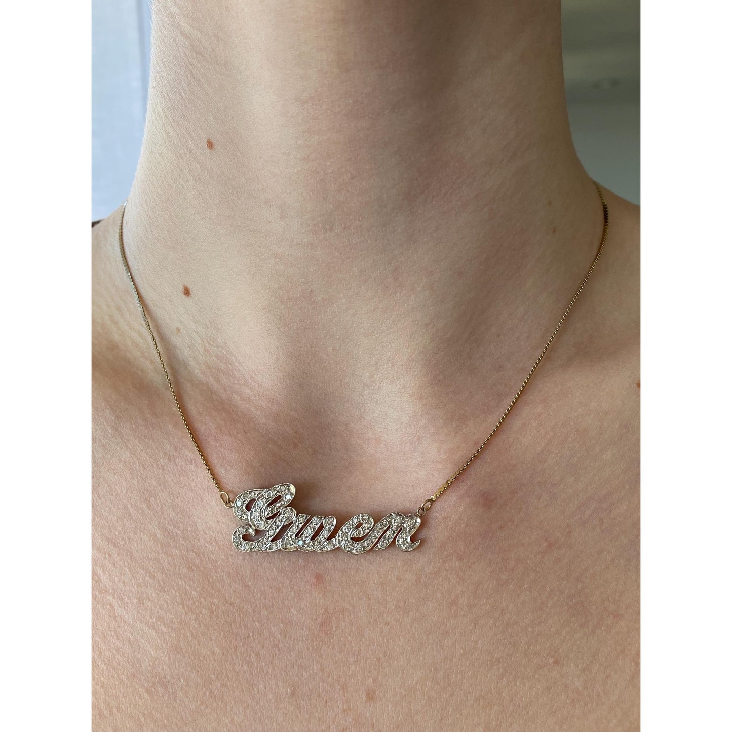 Solid 14k White & Yellow Gold Diamond 'Gwen' Nameplate Serpentine Necklace - 16 inches