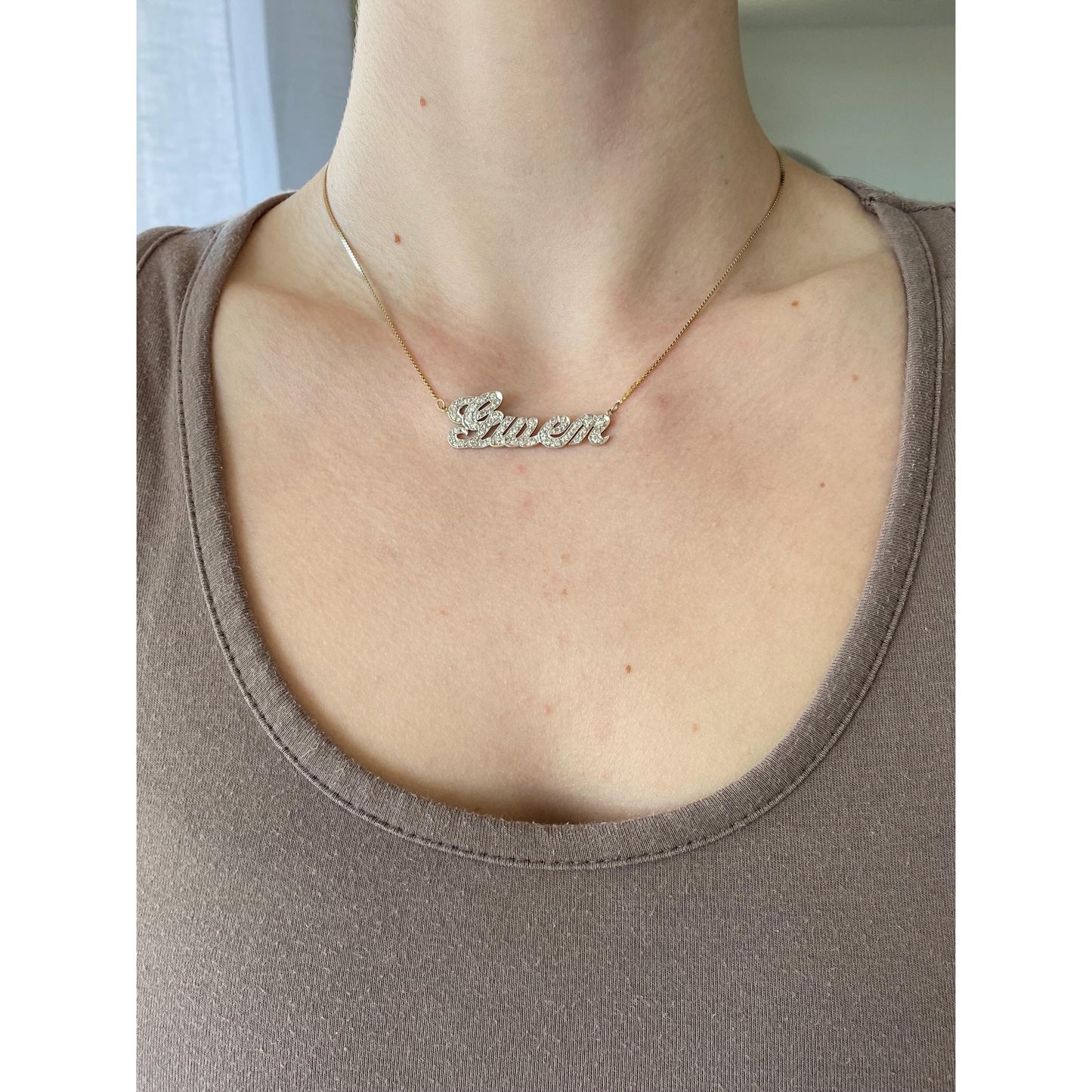 Solid 14k White & Yellow Gold Diamond 'Gwen' Nameplate Serpentine Necklace - 16 inches