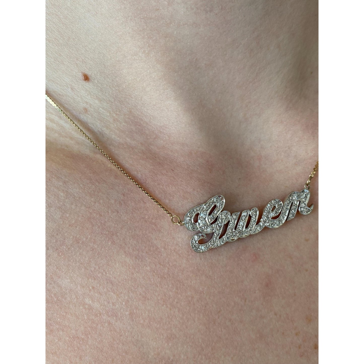 Solid 14k White & Yellow Gold Diamond 'Gwen' Nameplate Serpentine Necklace - 16 inches