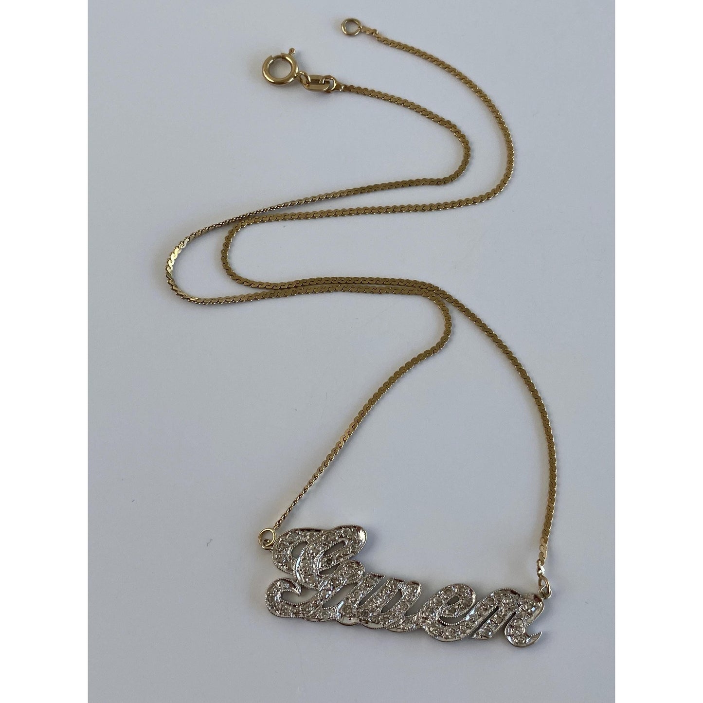 Solid 14k White & Yellow Gold Diamond 'Gwen' Nameplate Serpentine Necklace - 16 inches