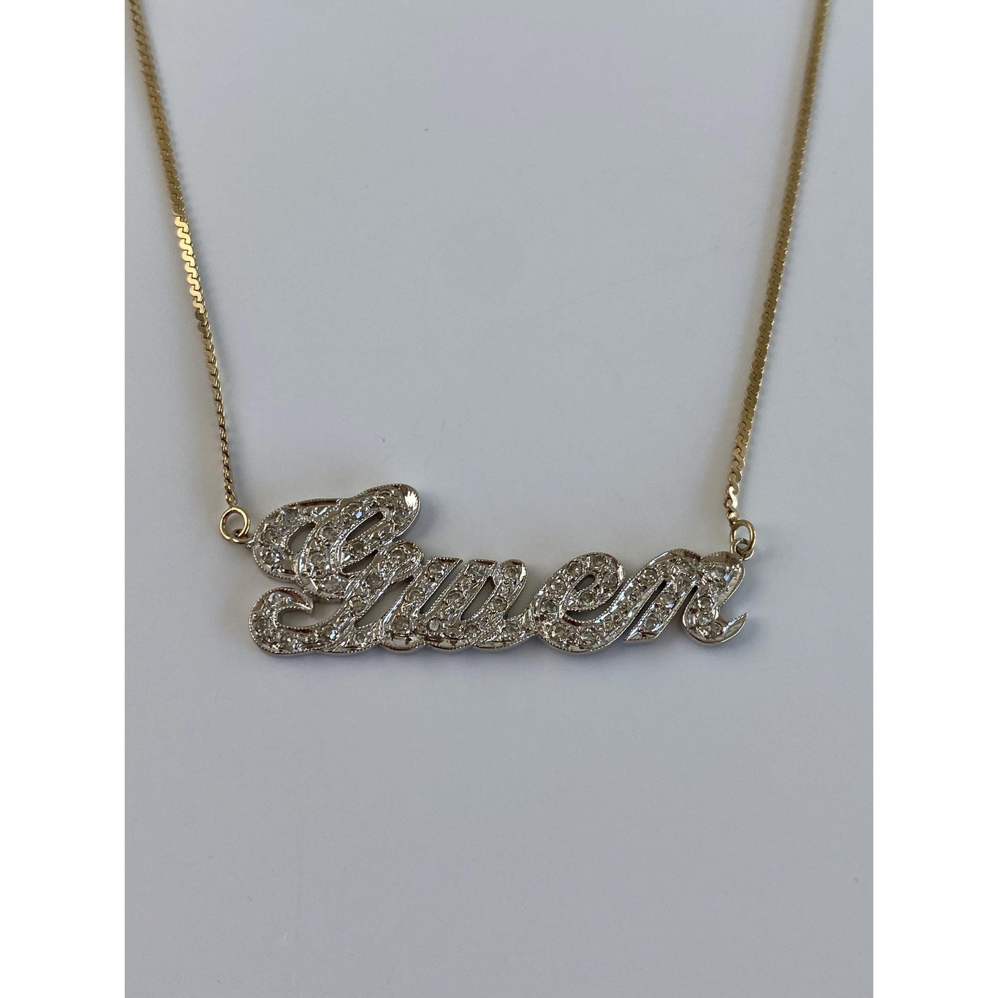 Solid 14k White & Yellow Gold Diamond 'Gwen' Nameplate Serpentine Necklace - 16 inches