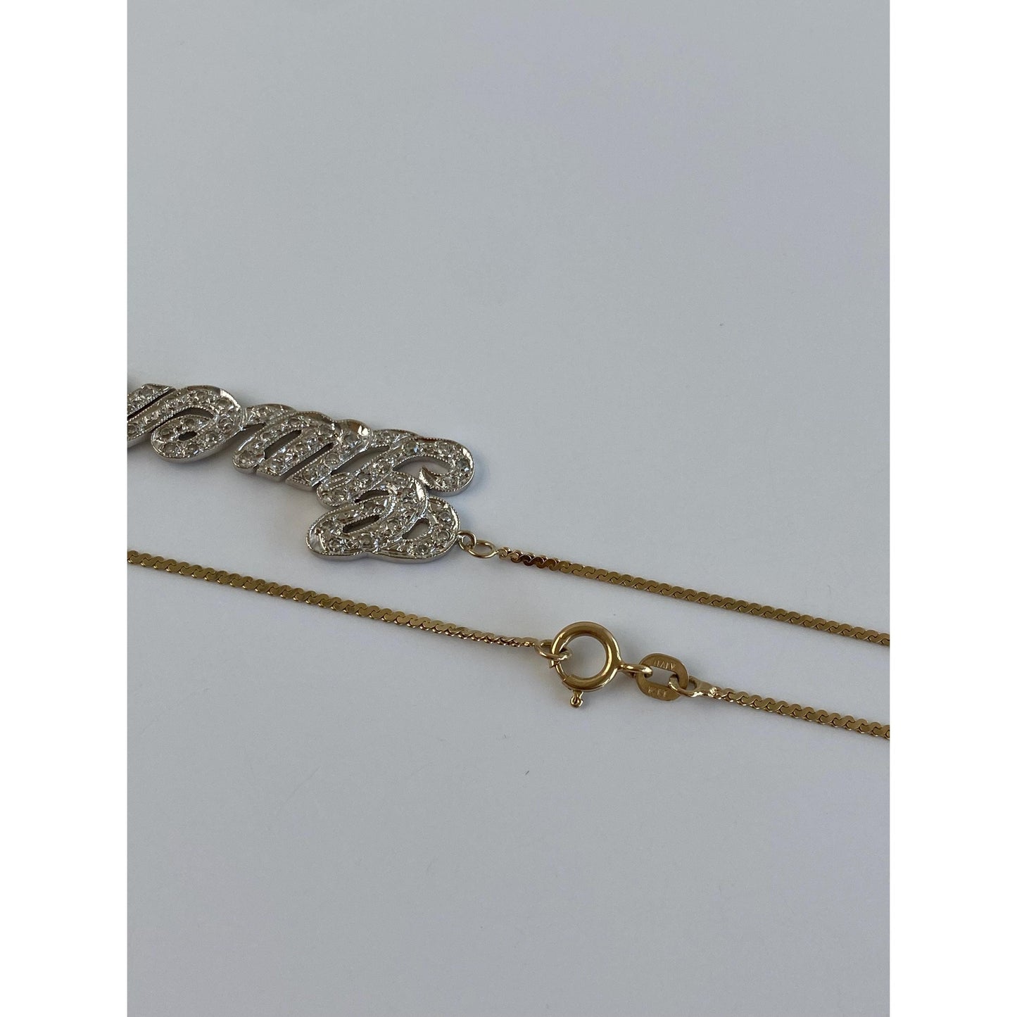 Solid 14k White & Yellow Gold Diamond 'Gwen' Nameplate Serpentine Necklace - 16 inches