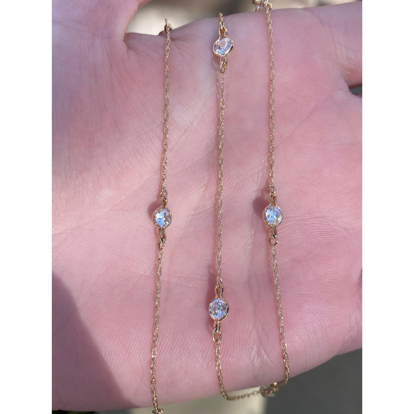 Vintage Solid 14k Yellow Gold Cubic Zirconia Link Dainty Chain Necklace - 30.25 inches