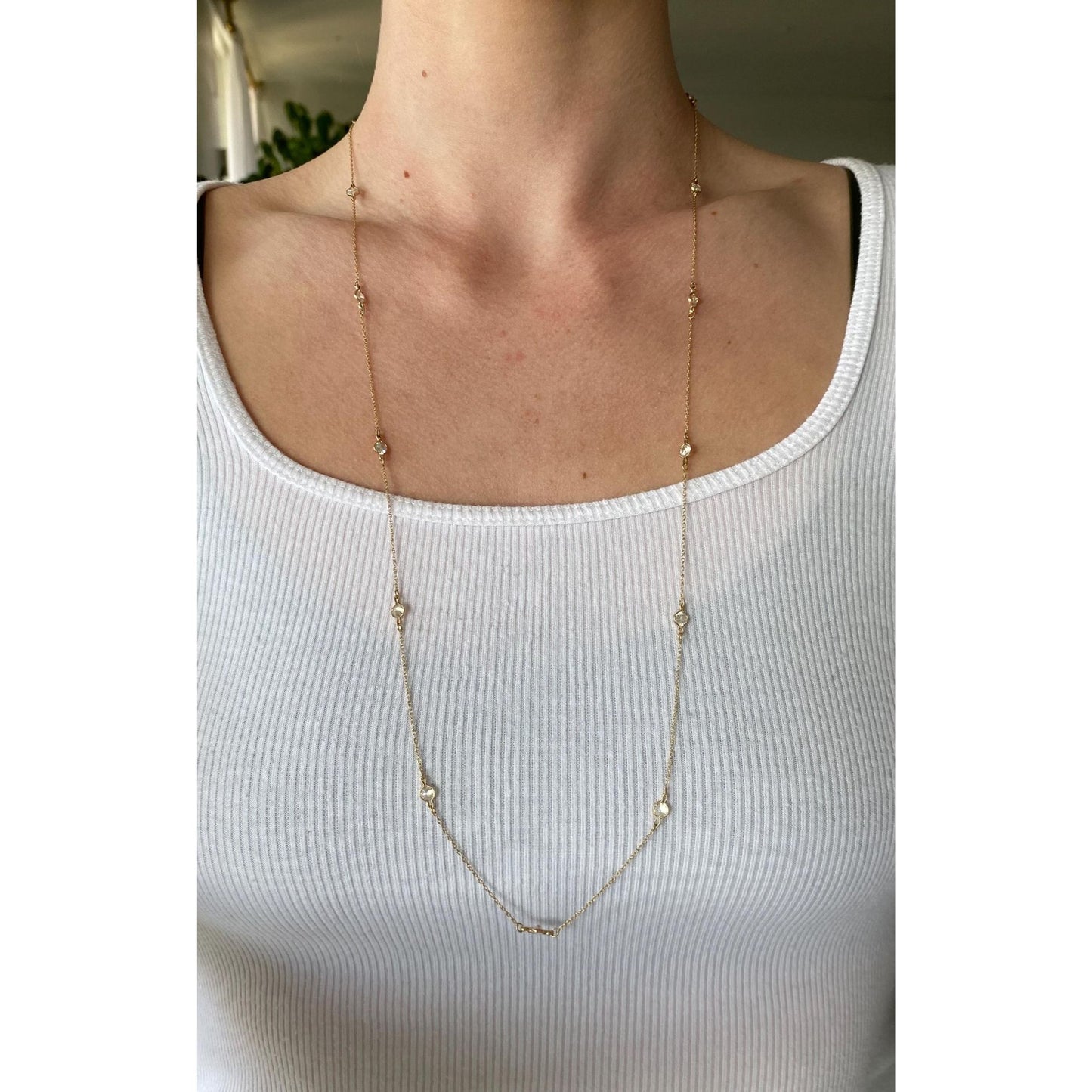 Vintage Solid 14k Yellow Gold Cubic Zirconia Link Dainty Chain Necklace - 30.25 inches