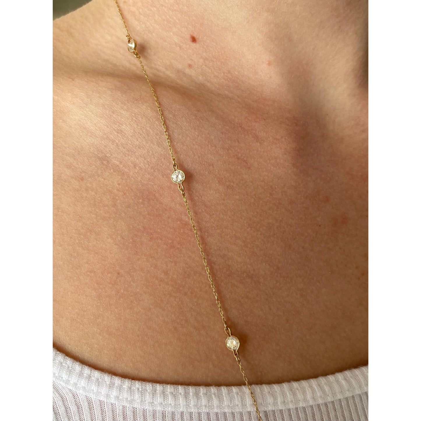 Vintage Solid 14k Yellow Gold Cubic Zirconia Link Dainty Chain Necklace - 30.25 inches