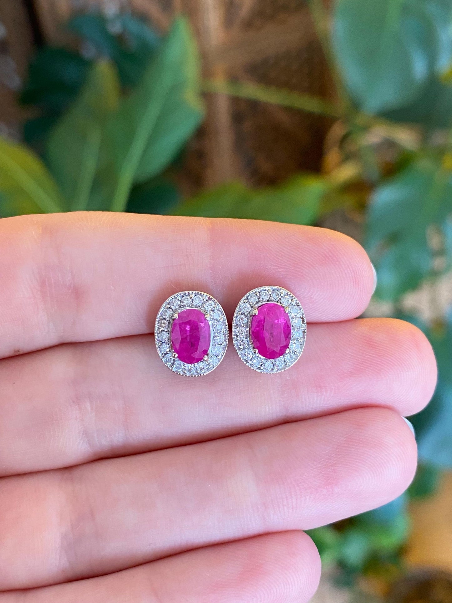 Vintage Solid 18k White Gold Diamond Halo Pink Sapphire Stud Earrings