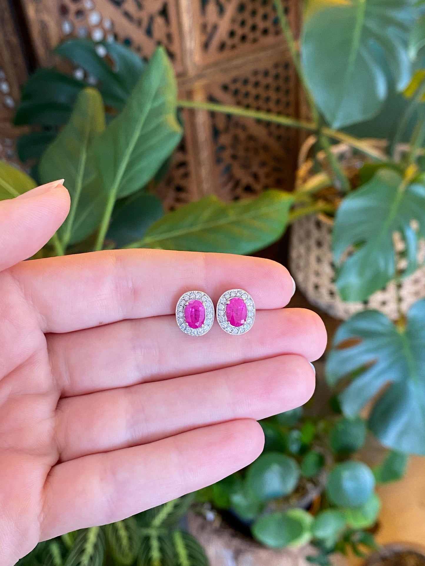 Vintage Solid 18k White Gold Diamond Halo Pink Sapphire Stud Earrings
