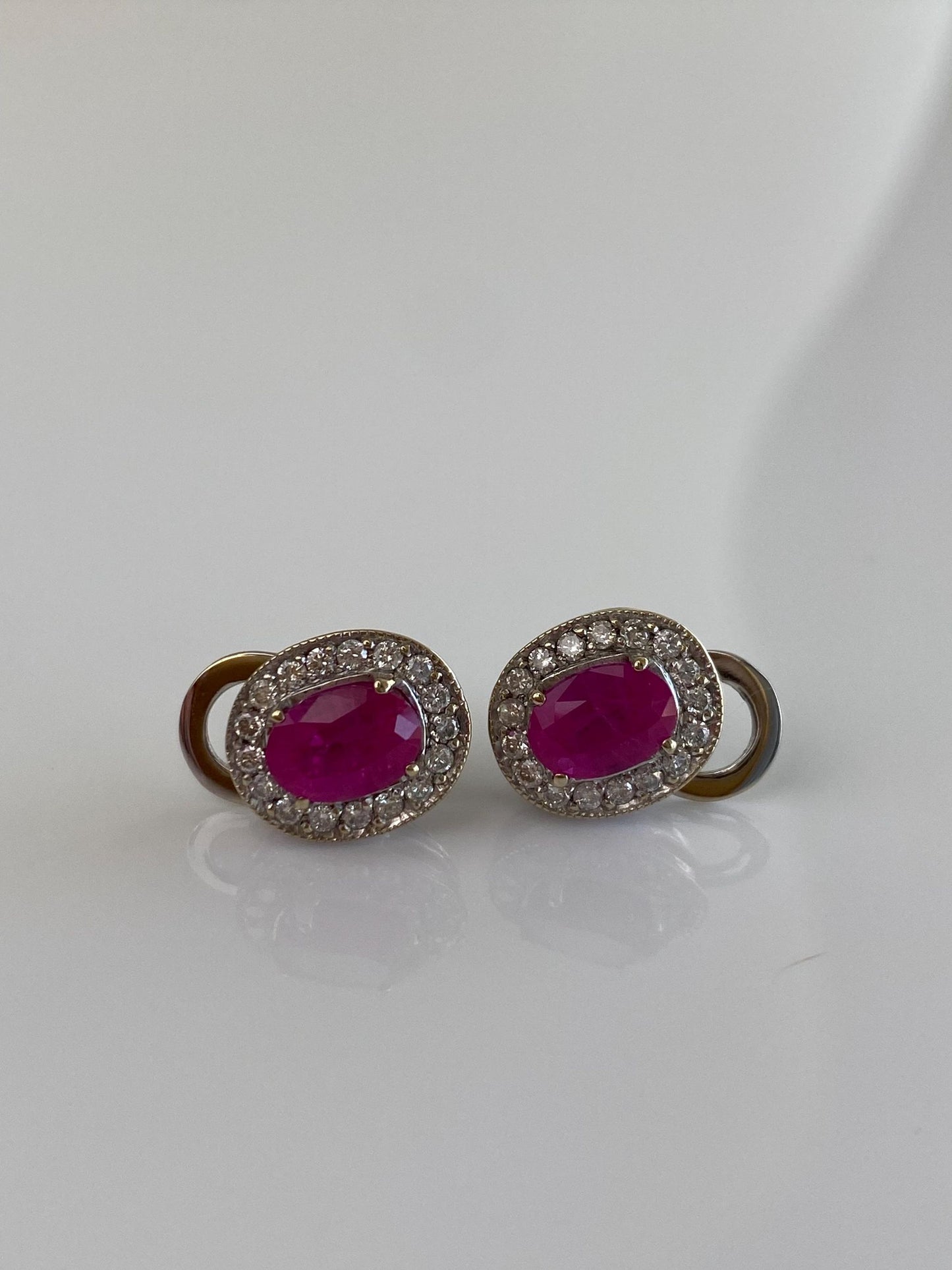 Vintage Solid 18k White Gold Diamond Halo Pink Sapphire Stud Earrings