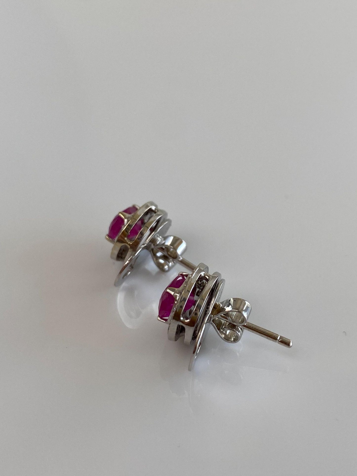 Vintage Solid 18k White Gold Diamond Halo Pink Sapphire Stud Earrings