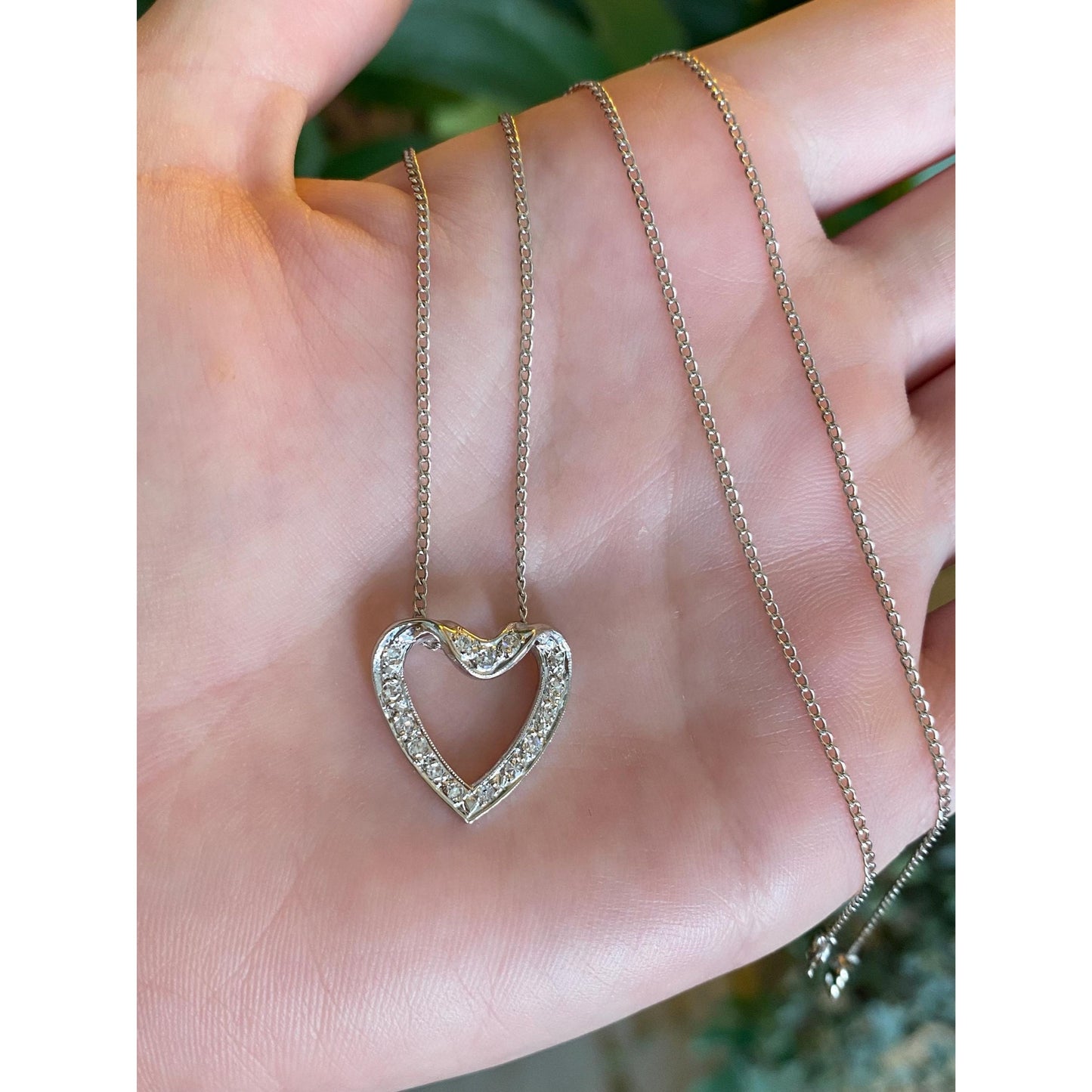 Vintage Solid 14k White Gold Diamond Heart Elongated Curb Chain Necklace - 16.75 inches