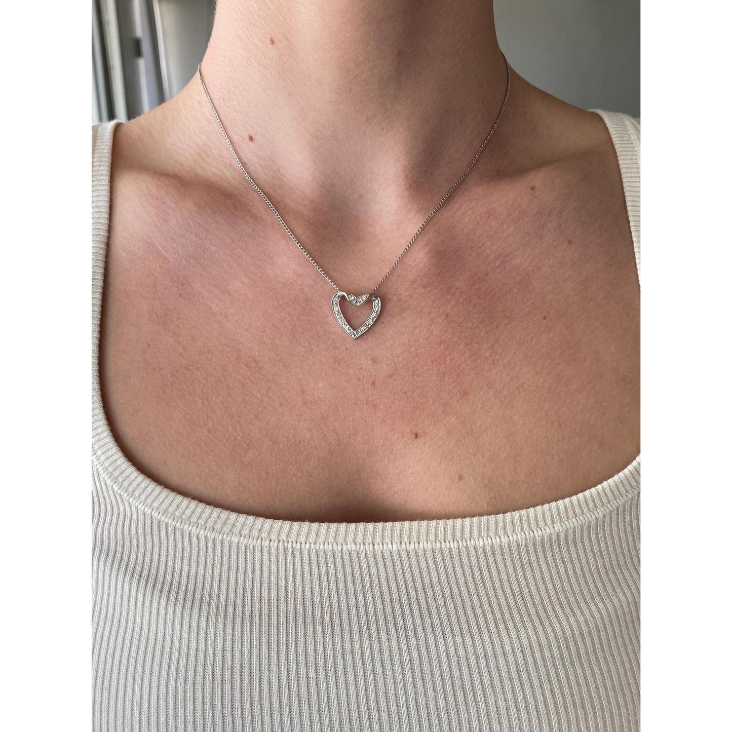 Vintage Solid 14k White Gold Diamond Heart Elongated Curb Chain Necklace - 16.75 inches