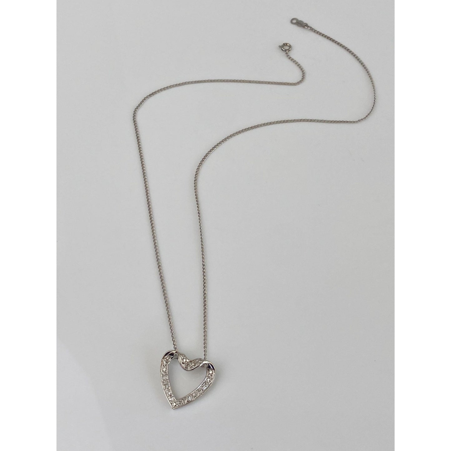 Vintage Solid 14k White Gold Diamond Heart Elongated Curb Chain Necklace - 16.75 inches
