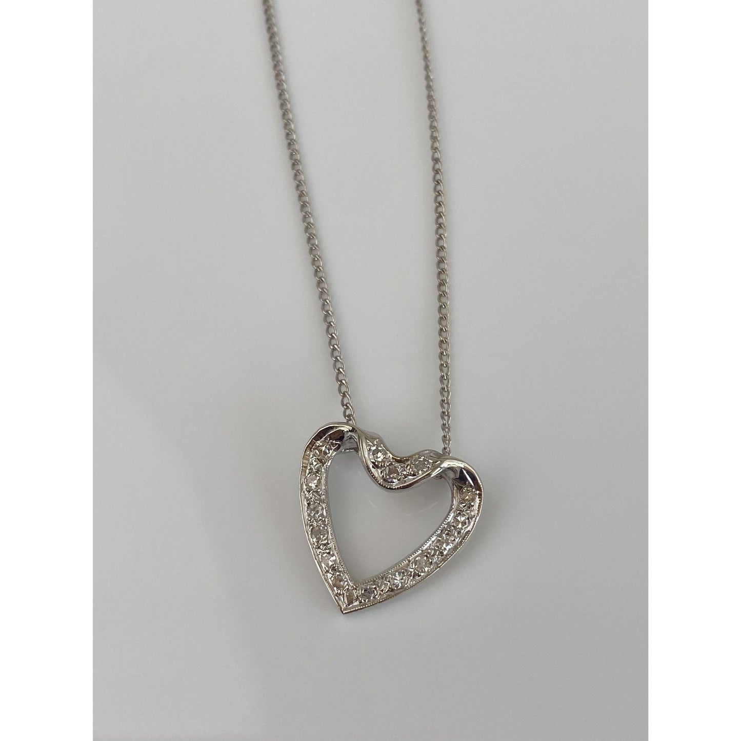 Vintage Solid 14k White Gold Diamond Heart Elongated Curb Chain Necklace - 16.75 inches