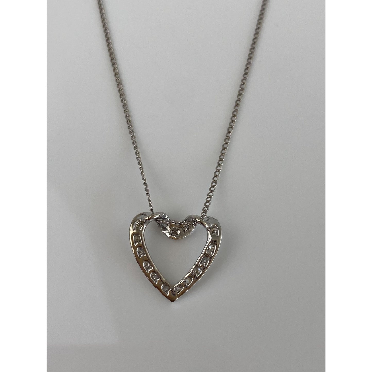 Vintage Solid 14k White Gold Diamond Heart Elongated Curb Chain Necklace - 16.75 inches