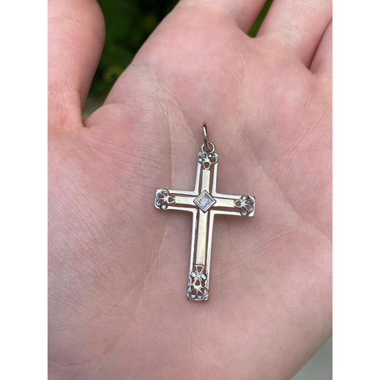 Vintage Solid 14k White Gold Diamond Cross Charm