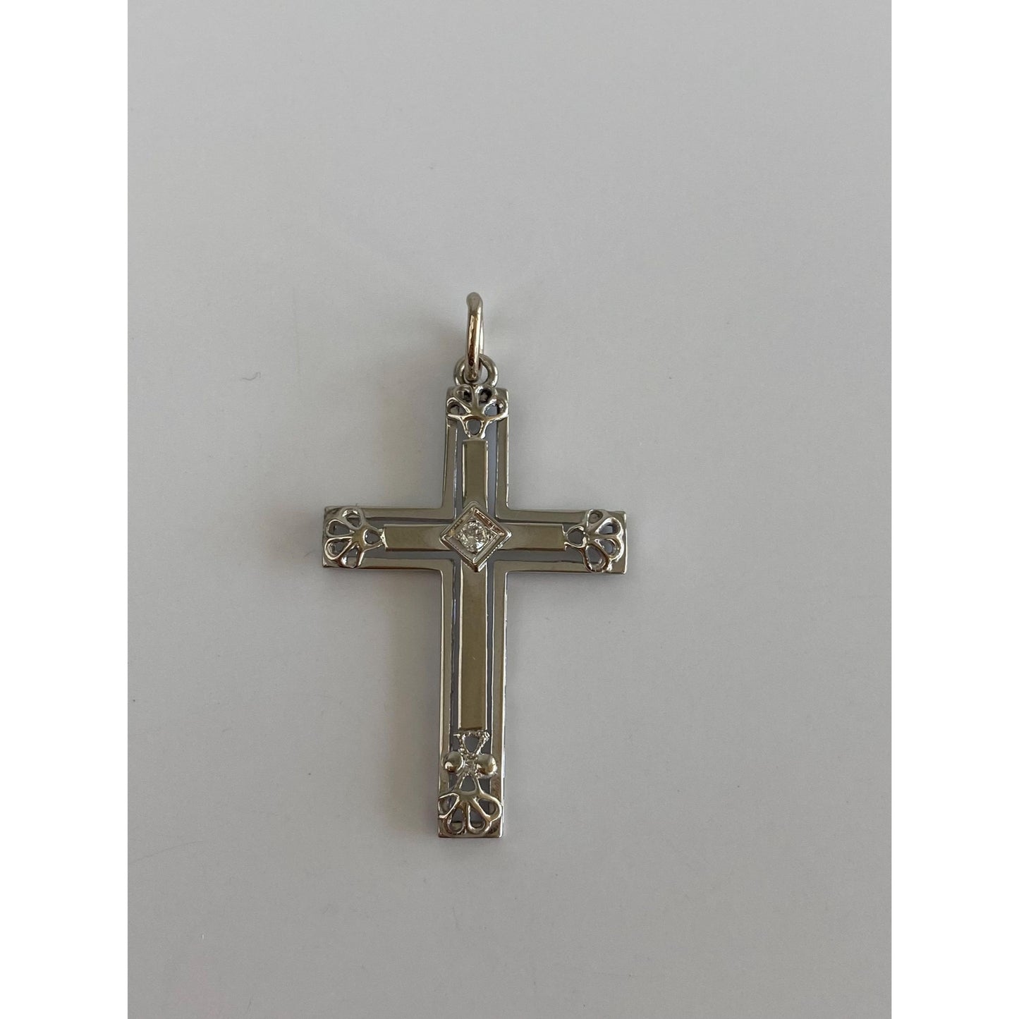 Vintage Solid 14k White Gold Diamond Cross Charm