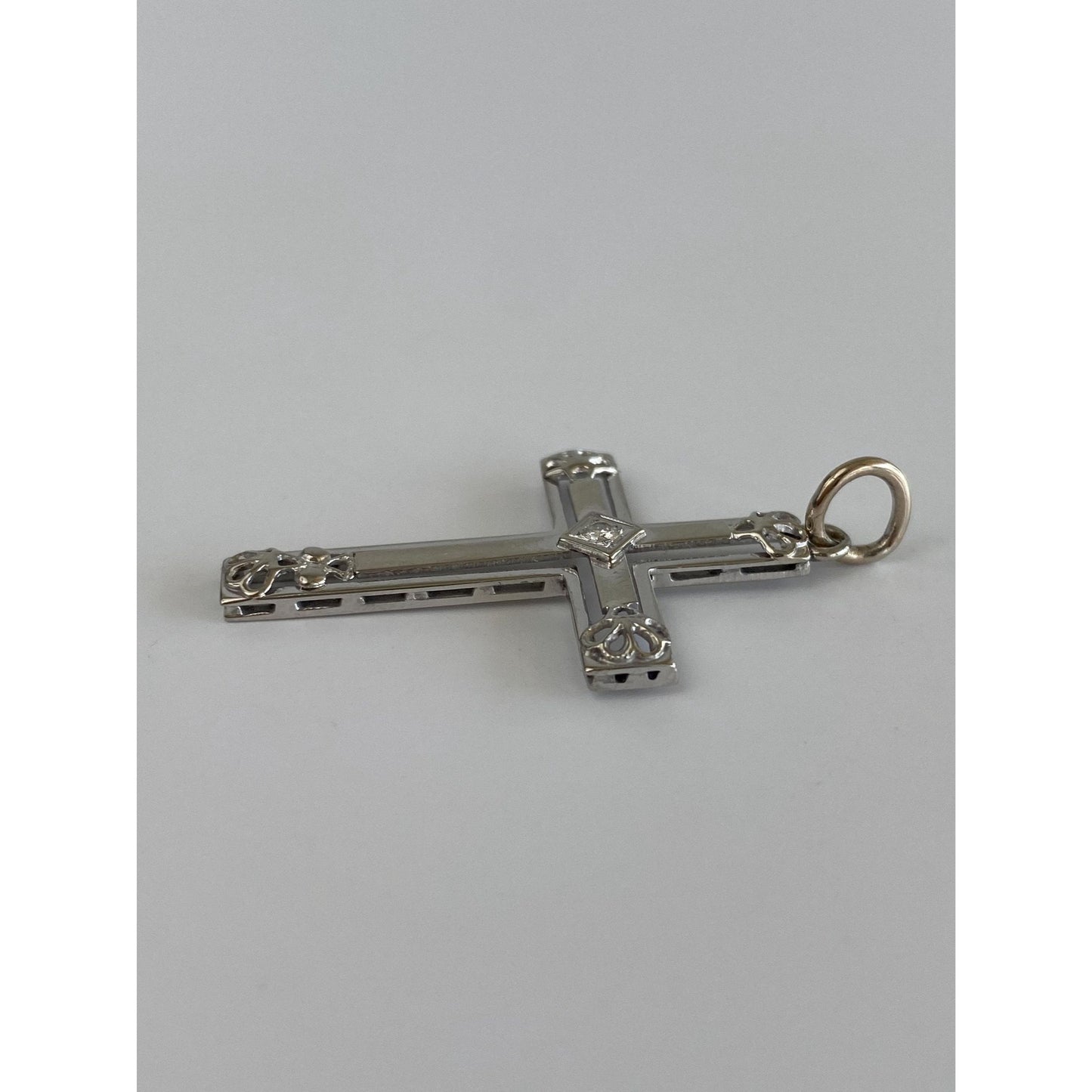 Vintage Solid 14k White Gold Diamond Cross Charm