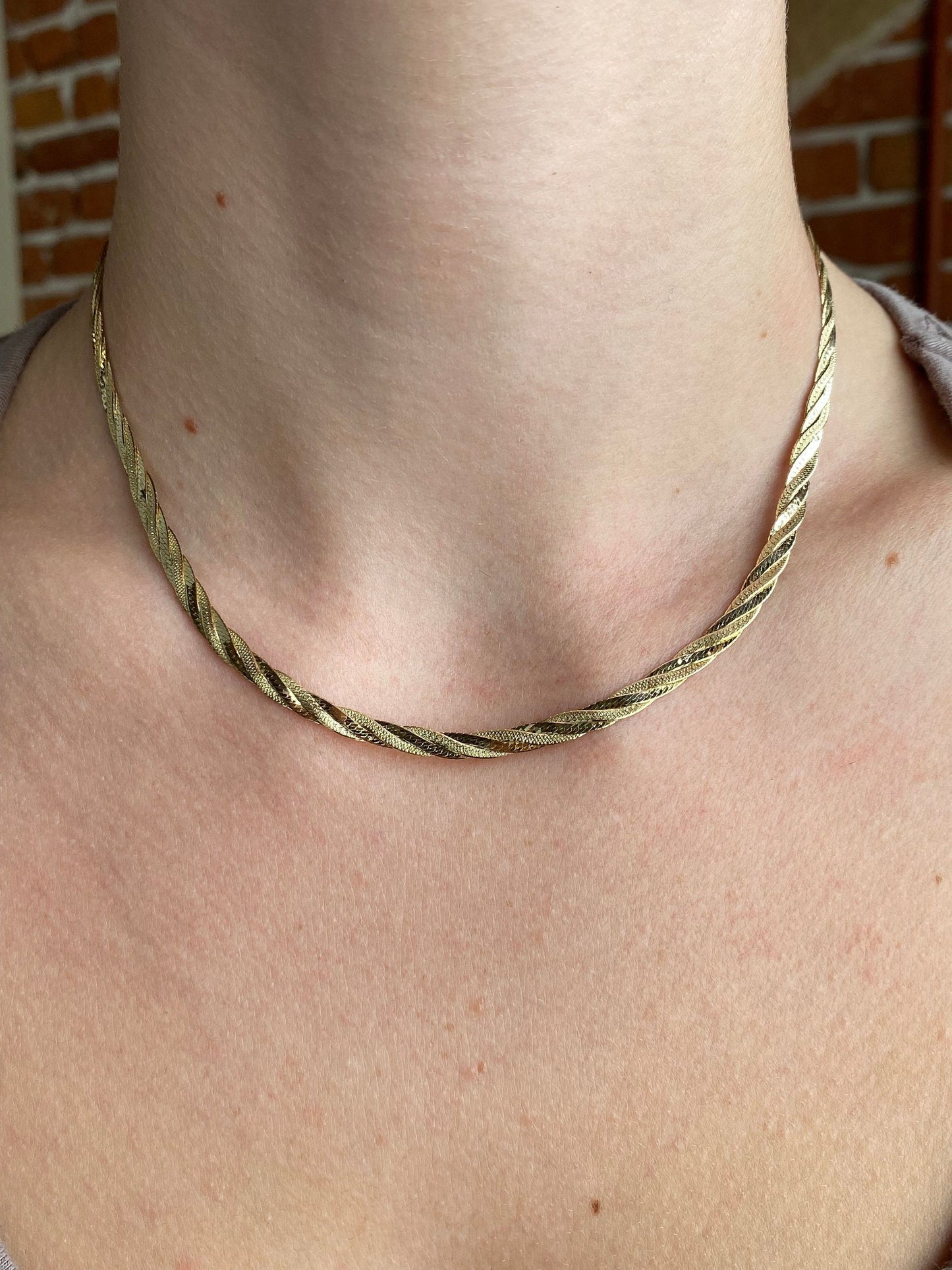 Vintage Solid 14k Yellow Gold Braided Flat Chain Necklace - 15.75 inches