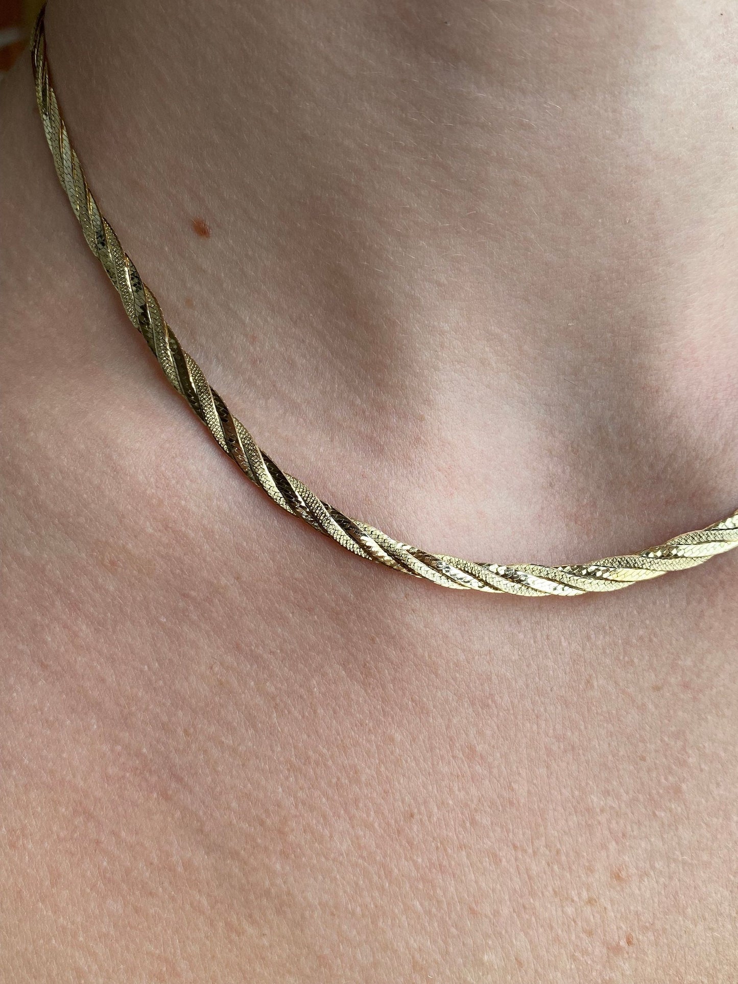 Vintage Solid 14k Yellow Gold Braided Flat Chain Necklace - 15.75 inches