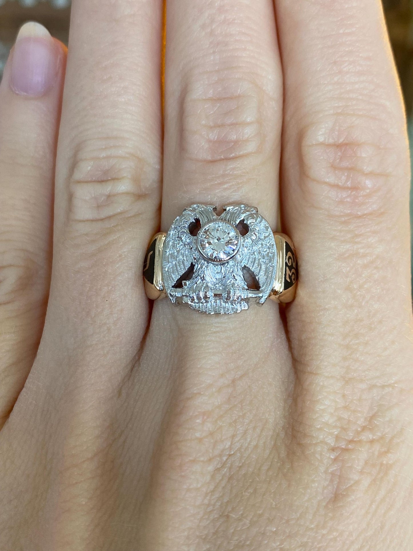 Vintage Solid Platinum & 14k Yellow Gold Enamel Diamond Double Headed Eagle Ring Band - Size 8.25