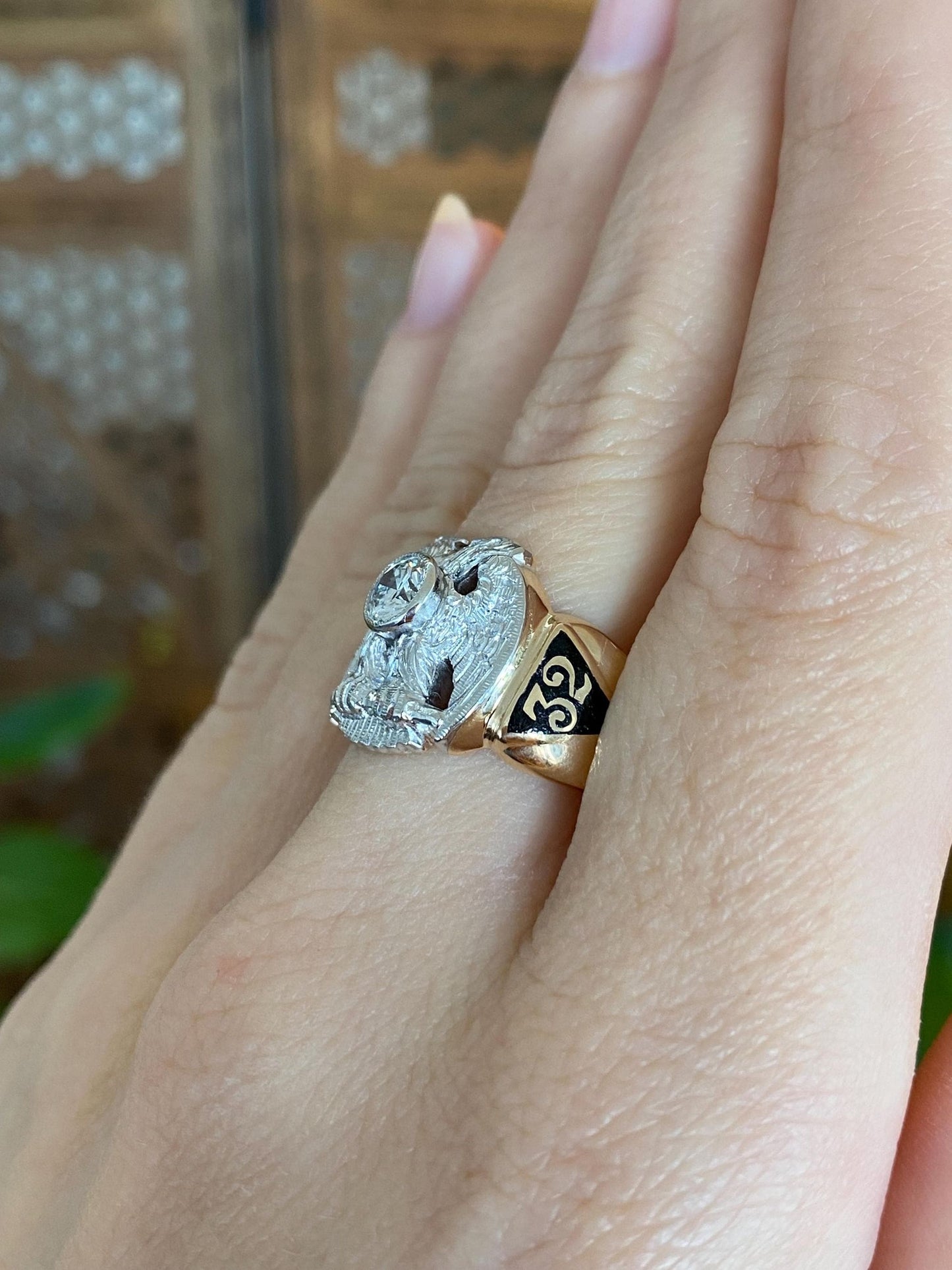 Vintage Solid Platinum & 14k Yellow Gold Enamel Diamond Double Headed Eagle Ring Band - Size 8.25